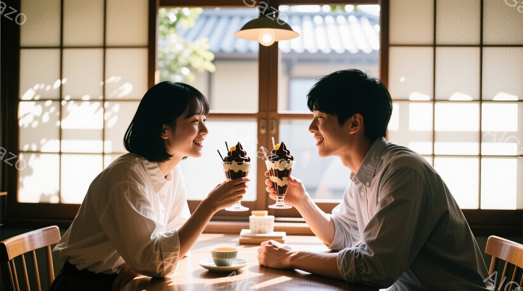 若い女性と男性がカフェで向かい合って座り、デザートを楽しんでいます。女性は短い黒髪で、白いブラウスを着て微笑んでいます。男性は青いシャツを着ており、女性と目を合わせながら同じように微笑んでいます。 - AI生成フリー素材