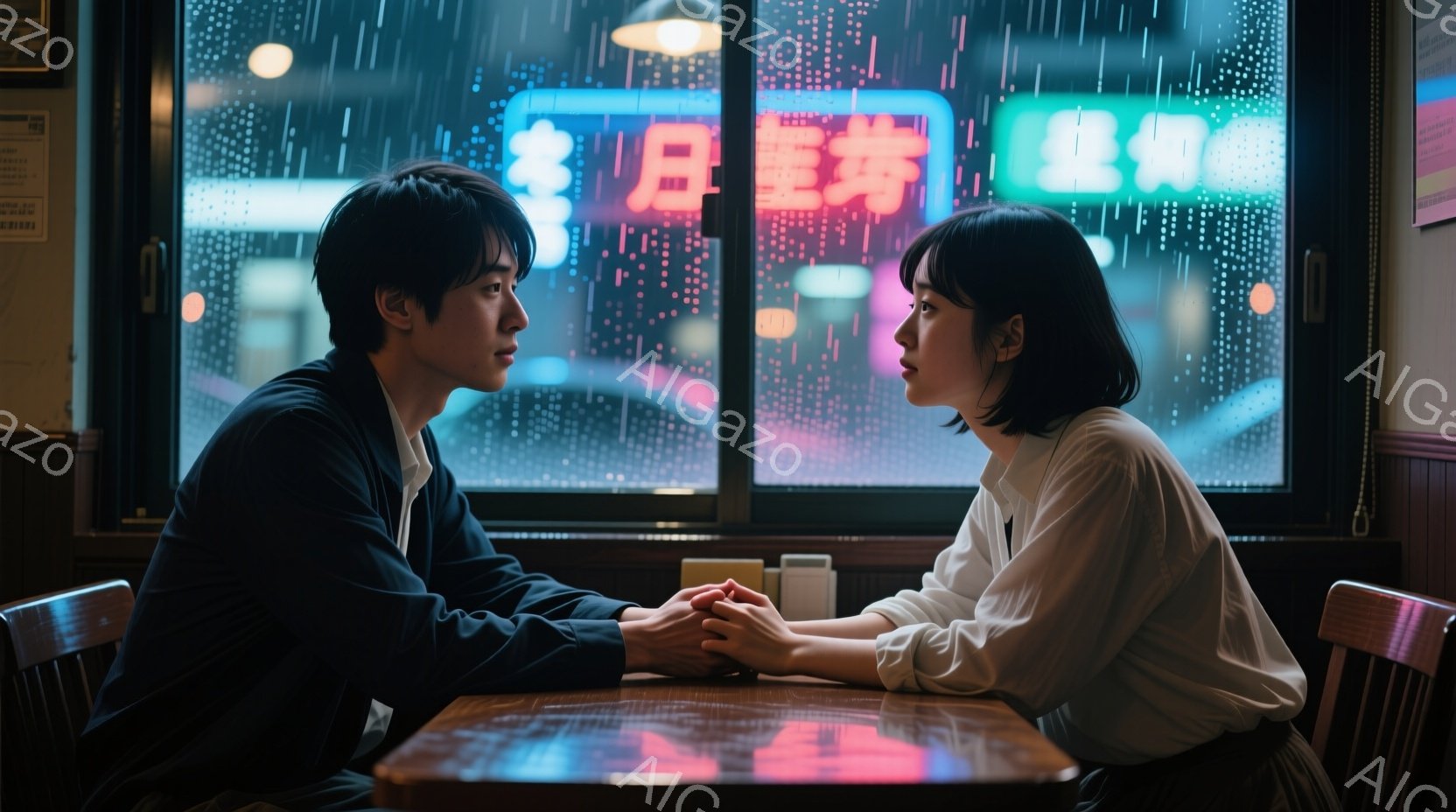 窓辺のテーブルを挟んで向き合った男女が写っている。男性は黒いジャケットとシャツを着ており、短髪でやや憂いを帯びた表情をしている。女性は白いブラウスを着ており、短い黒髪で、男性を見つめ、切ない表情を浮か - AI生成フリー素材