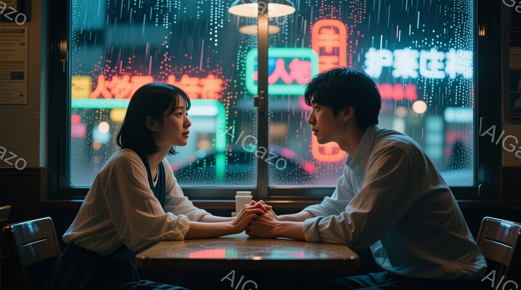 窓際に座って互いを見つめ合う若い男女が写っています。女性は白いブラウスに黒いスカート姿で、短くダークなヘアスタイルです。男性は白いシャツを着ており、互いに手を重ね合っています。 - AI生成フリー素材