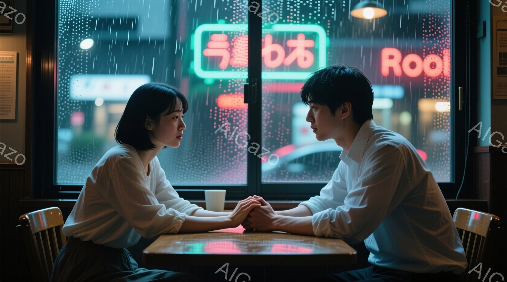 画面には、窓際のテーブルで向かい合って座る男女が映っている。女性はショートヘアで白いシャツを着ており、男性も白いシャツを着て、少し憂いのある表情をしている。背景には雨が降りしきる夜の街並みが広がり、ネ - AI生成フリー素材