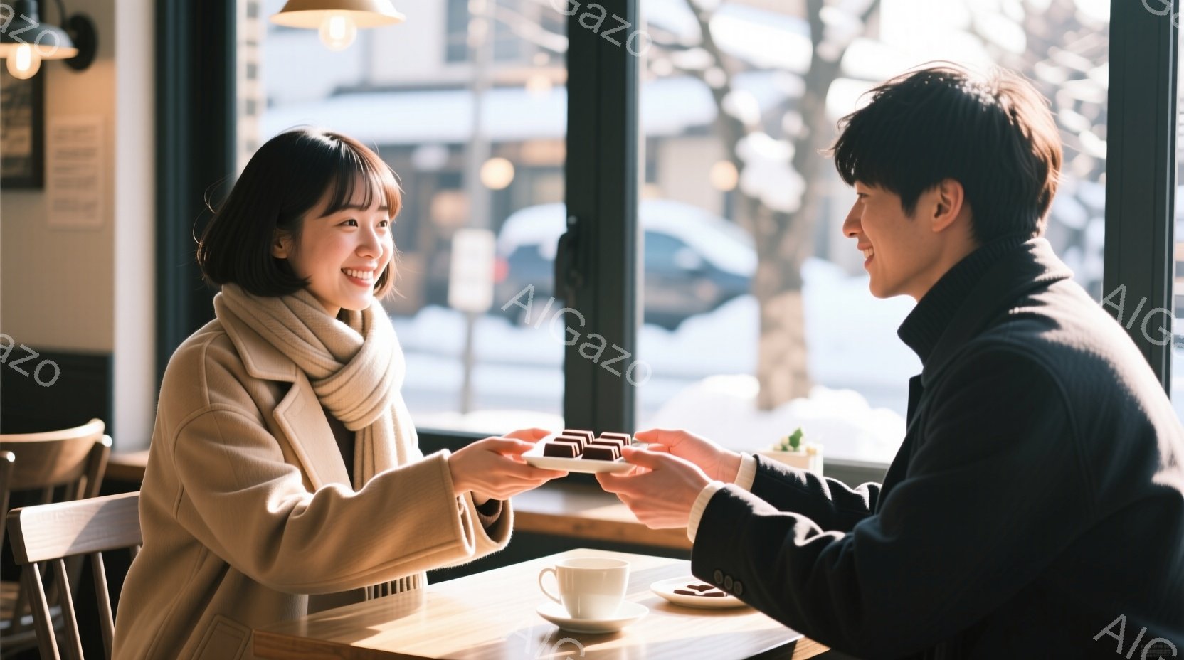 明るいカフェの窓辺で、女性が笑顔で男性にチョコレートの皿を差し出している。女性はベージュのコートと巻き毛のヘアスタイルで、楽しそうな表情を浮かべている。背景には街並みが見え、晴れた日の暖かい雰囲気が感 - AI生成フリー素材