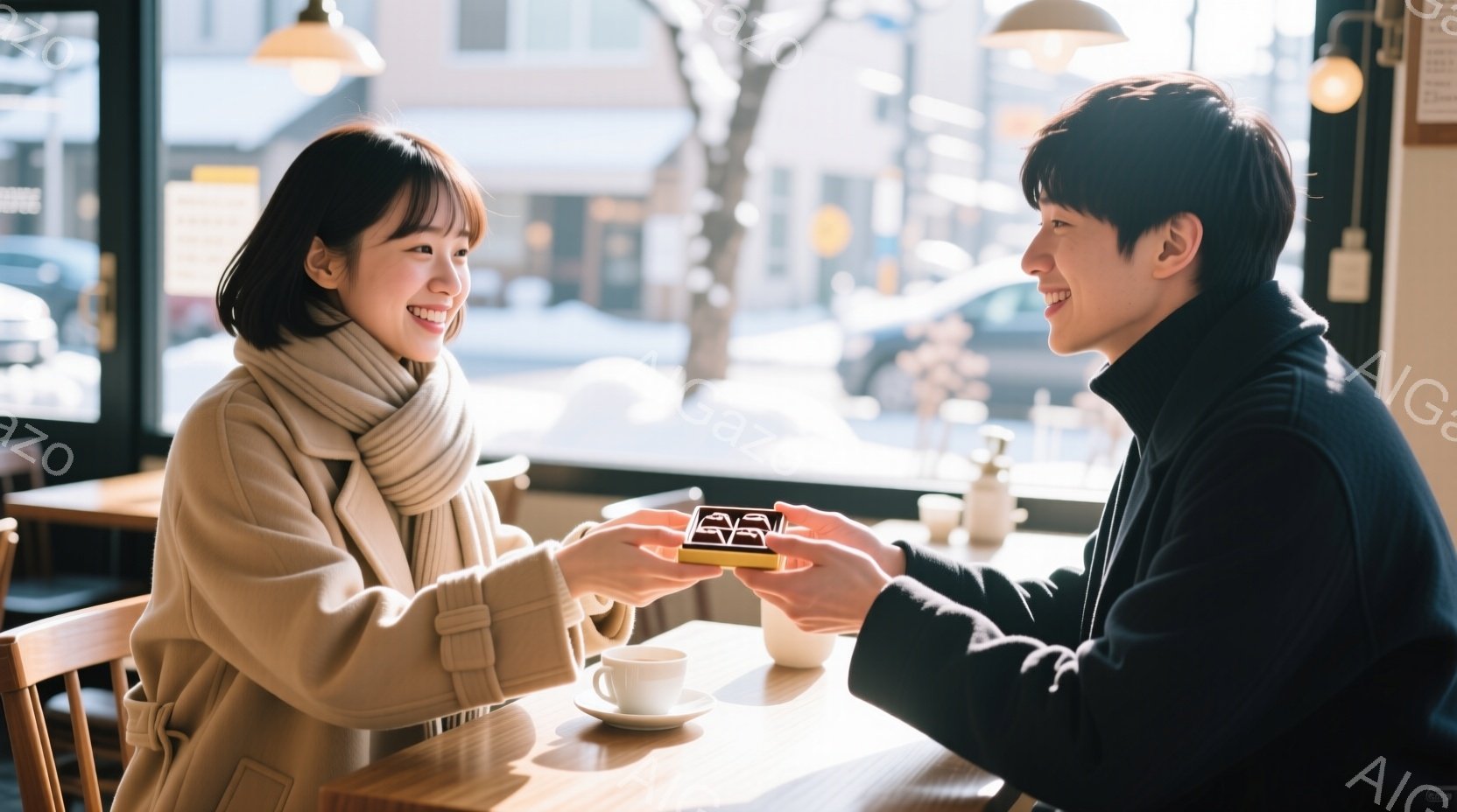 明るいカフェのテーブルで、女性と男性が向かい合って座っています。女性はベージュ色のコートにマフラーを巻き、笑顔を見せています。男性は黒いコートを着て、女性に小さな箱を差し出しており、二人とも温かい雰囲 - AI生成フリー素材