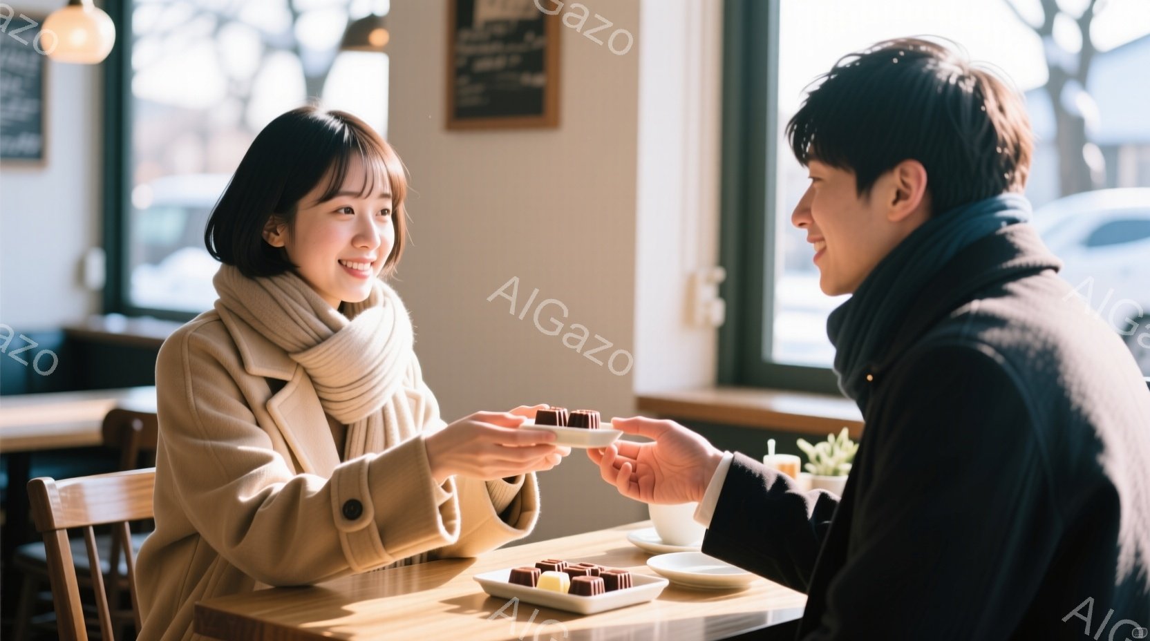 明るいカフェのテーブルで、女性が男性にチョコレートを差し出している様子が写っている。女性はベージュのコートとマフラーを身に着け、短い茶髪で笑顔を見せている。男性は黒いコートを着ており、チョコレートを受 - AI生成フリー素材