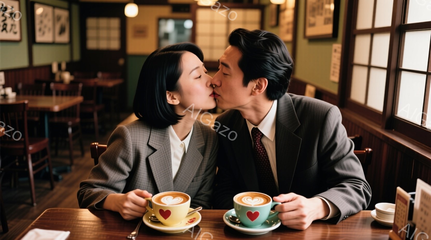 一対のカップルがカフェでキスをしています。女性はグレーのスーツに白いブラウス、短めのボブヘアで、男性はダークグレーのスーツに赤いネクタイを締めています。テーブルの上にはハートマークが描かれたラテが置かれ、背景には木製のテーブルと椅子、そして古風な装飾が見えます。