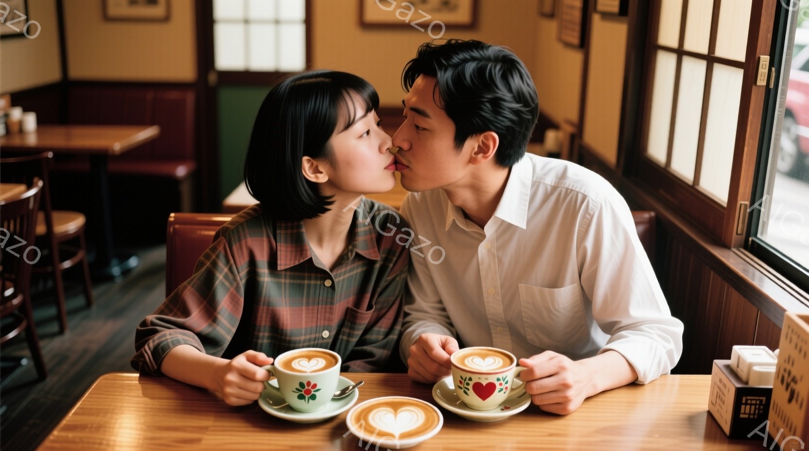 若いカップルがカフェで親吻し合っています。女性はチェック柄のシャツを着ており、短い茶色の髪をしています。男性は白いシャツを着ており、優しい表情で女性を見つめています。テーブルの上には、ラテアートが施されたコーヒーカップが２つ置かれています。背景には、木製のテーブルと椅子が見え、カフェの温かい雰囲気が伝わってきます。