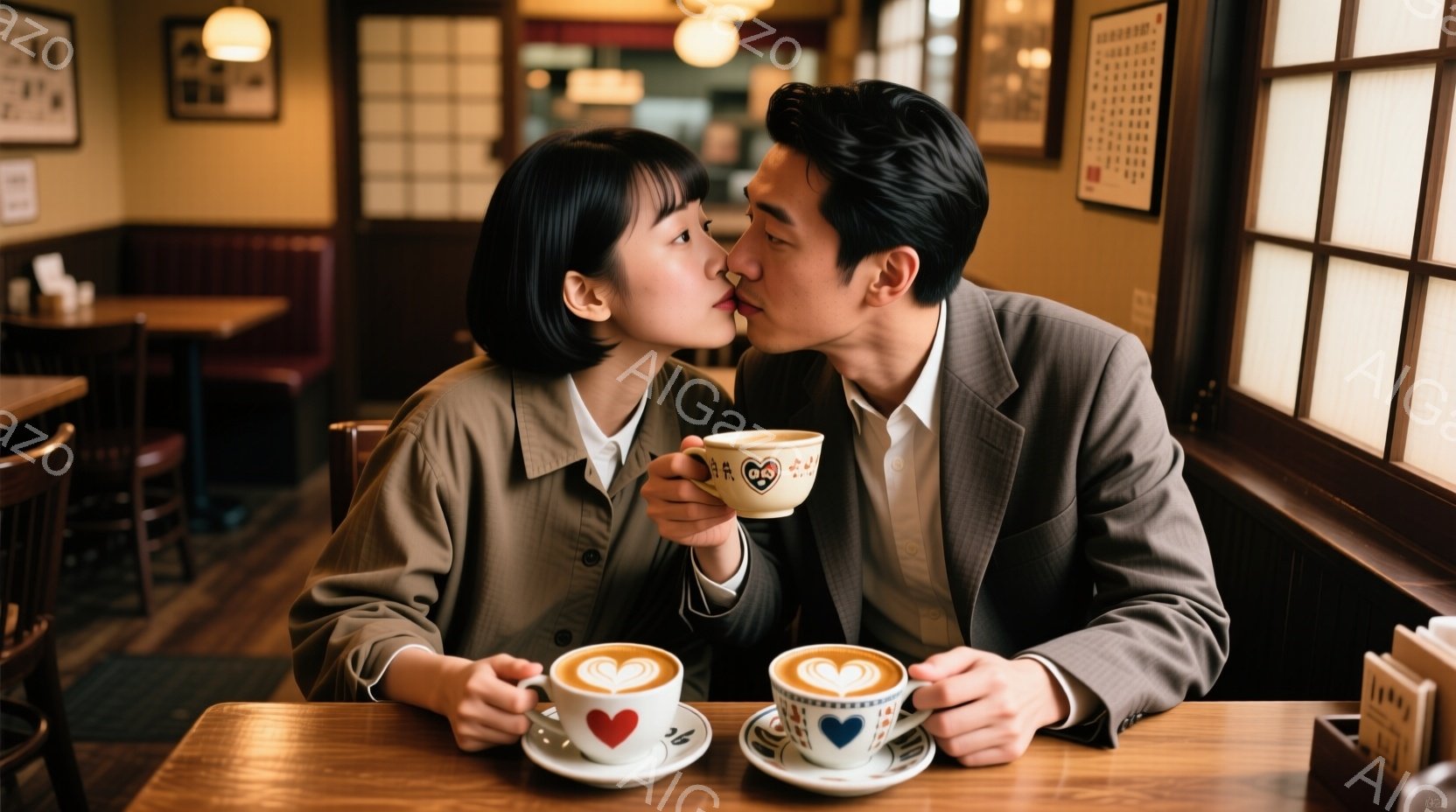 若いカップルがカフェで親吻を交わしており、互いに微笑んでいます。女性は短い黒髪でベージュのジャケットを着用し、男性はグレーのスーツを着ています。窓際の席でコーヒーカップを手に、穏やかでロマンチックな雰 - AI生成フリー素材