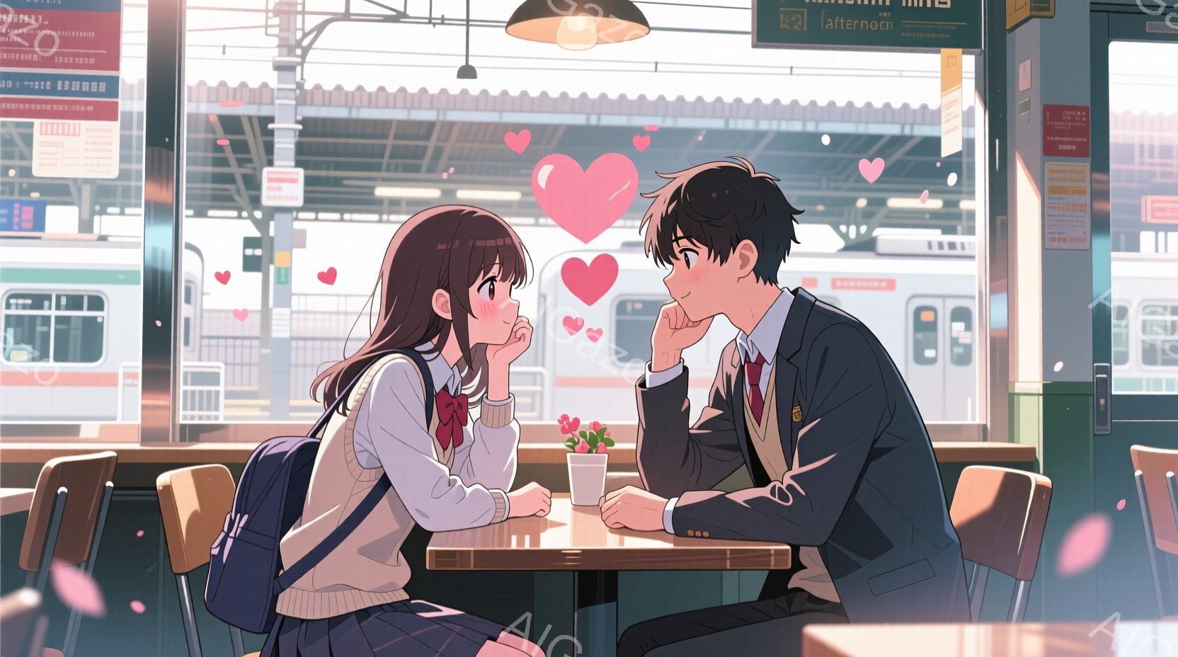 少女は紺色のリボンとセーターのカーディガンを着ており、長い黒髪を後ろでまとめています。少年の髪は黒く、学校の制服のブレザーを着ています。二人は駅のカフェのような場所で向かい合って座っており、互いに見つめ合い、周囲にはピンク色の花びらが舞い散っています。