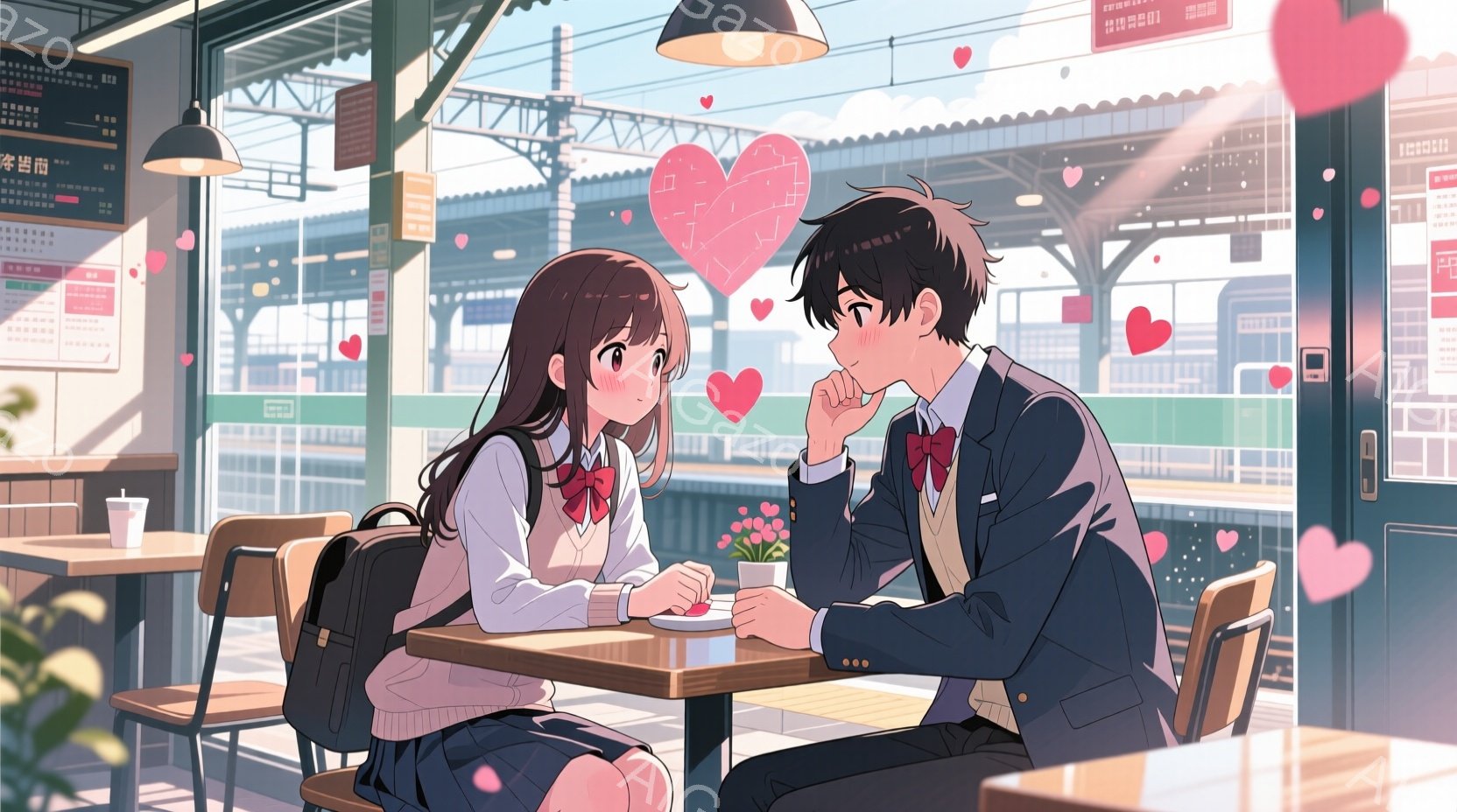 カフェのような場所で向かい合って座っている若い男女が描かれています。女子は茶色のロングヘアで、制服にリュックサックを背負い、微笑んでいます。男子は黒髪で、制服を着ており、女子を見つめ、頬を赤らめています。背景には、駅のプラットフォームと車両、そして晴れた空が見え、全体的にロマンチックで甘い雰囲気が漂っています。