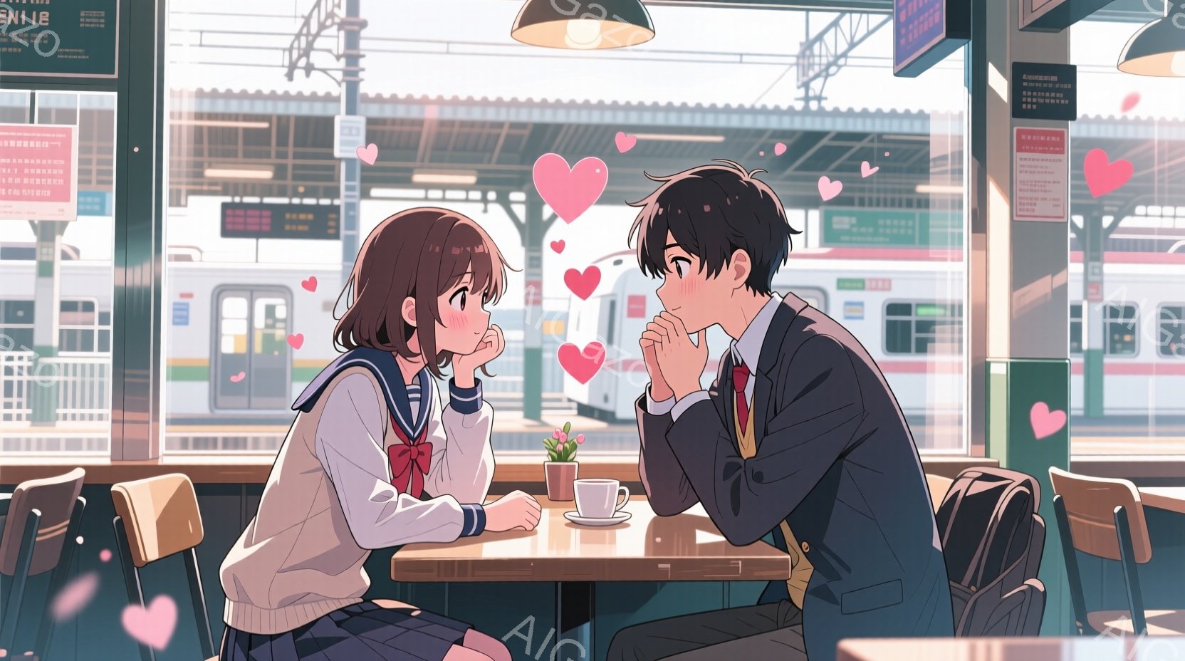 駅のカフェで向かい合って座る男女を描いています。女性はセーラー服を着ており、茶色の髪を肩まで下ろしています。男性は紺色のスーツにネクタイ、黒髪で、女性の方を見て少し顔を赤らめています。