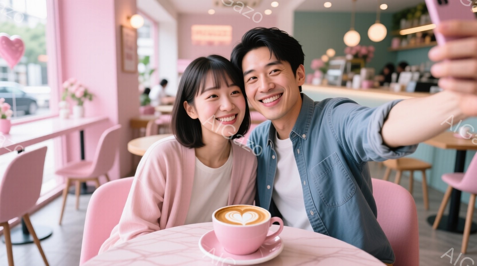 若い男女がカフェで自撮りをしている様子が写っています。女性はピンク色のセーターを着ており、前髪を分けている。男性は水色のシャツを着ており、二人とも笑顔でカメラに向かっています。
