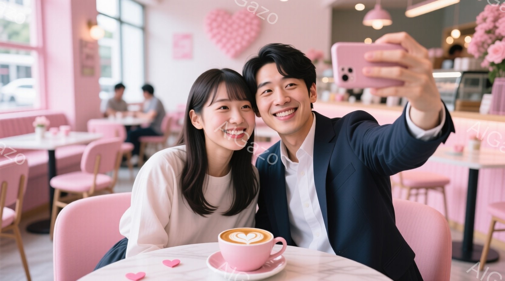 若いカップルがカフェでセルフィーを撮っています。女性は白いトップスを着ており、髪は肩まで伸びたブラウンで、笑顔を浮かべています。男性は紺色のジャケットと白いシャツを着ており、女性の方を見て笑顔でポーズをとっています。