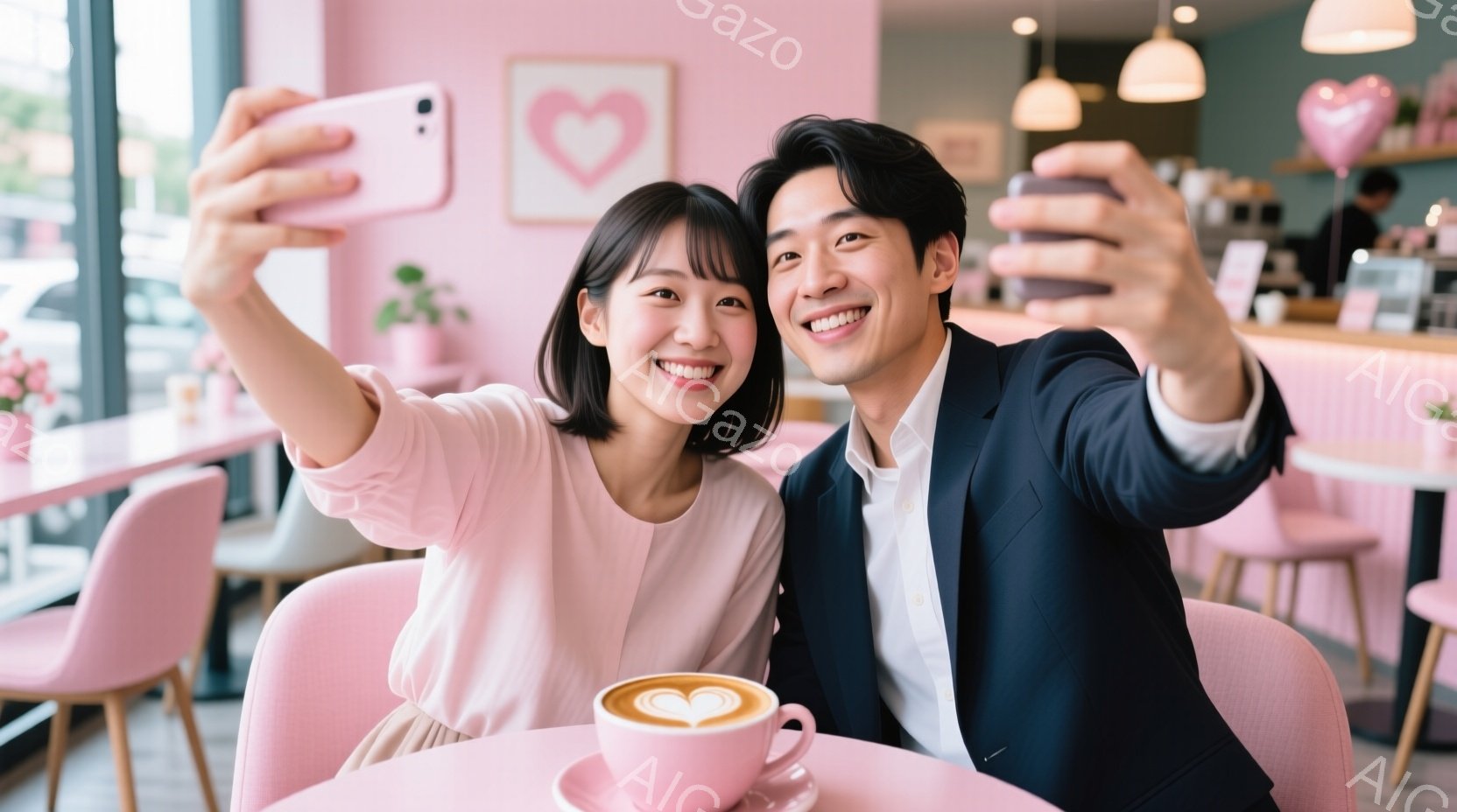 若い女性と男性がカフェでセルフィーを撮っています。女性は薄いピンク色のブラウスを着ており、前髪を下ろしたショートヘアです。男性は紺色のスーツを着ており、笑顔でカメラ目線です。カフェはピンク色を基調とした可愛らしい内装で、背景には他のテーブルとカウンターが見えます。