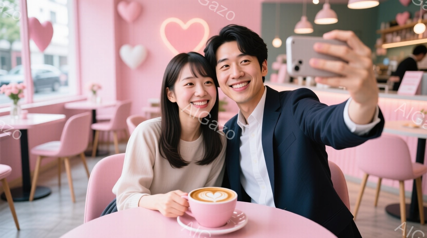 若い男女がカフェでセルフィーを撮っています。女性はベージュのニットを着て、ロングヘアを肩で分けています。男性は紺色のスーツジャケットに白いシャツを着て、笑顔を見せており、背景はピンクを基調とした可愛らしいカフェで、ハート型の装飾が施されています。