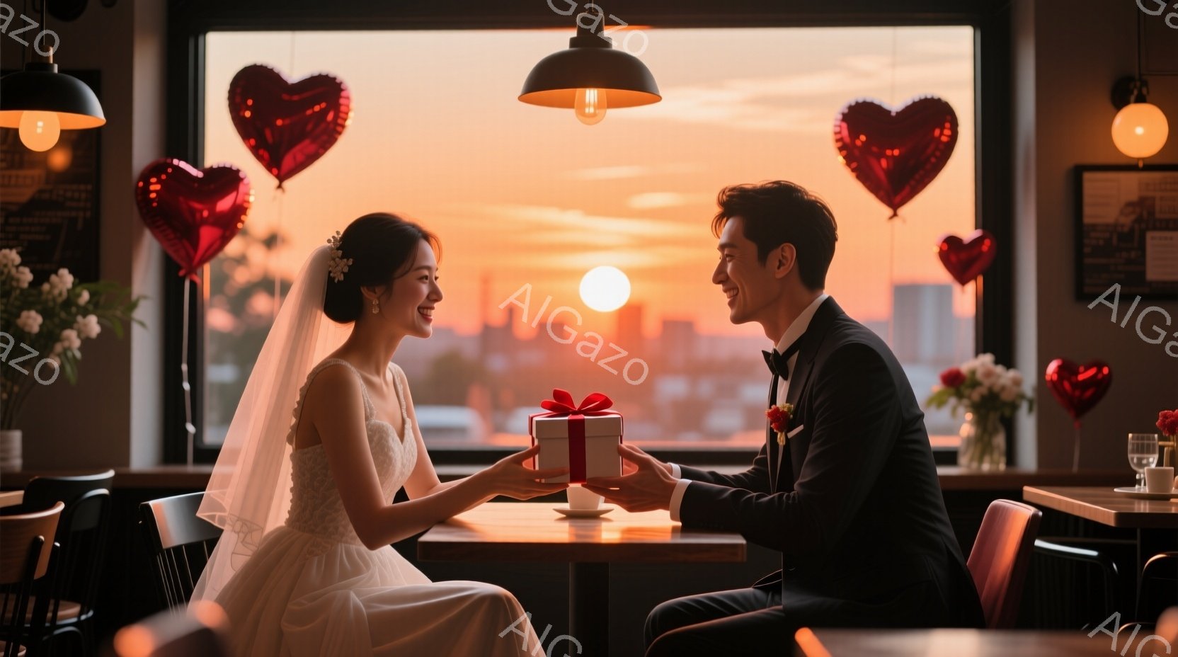 新婦は白いウェディングドレスを身につけ、髪は後ろでまとめられています。新郎は黒いタキシードとボウタイを着用し、彼女に赤いリボンで結ばれたギフトボックスを手渡しています。背景には夕焼けの街並みが広がり、赤いハート型の風船が飾られた温かくロマンチックな雰囲気のカフェで、二人は顔を見合わせ、幸せそうに微笑んでいます。