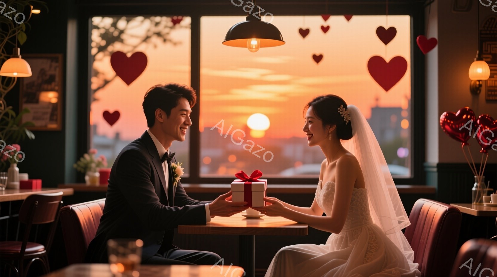 新郎は黒いタキシードと蝶ネクタイを着用し、新婦に赤いリボンで結ばれたギフトボックスを手渡しています。新婦は白いウェディングドレスとベールを身につけ、幸せそうに微笑んでいます。背景には、夕焼けに染まる都 - AI生成フリー素材