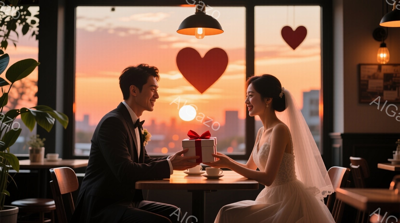新郎は黒いスーツと白い蝶ネクタイを着用し、跪いて花嫁にプレゼントの箱を手渡しています。花嫁はウェディングドレスを着てベールをまとい、満面の笑みを浮かべてプレゼントを受け取ろうとしています。背景には夕焼けの空と都市のスカイラインが広がり、ロマンチックで温かい雰囲気を醸し出しています。