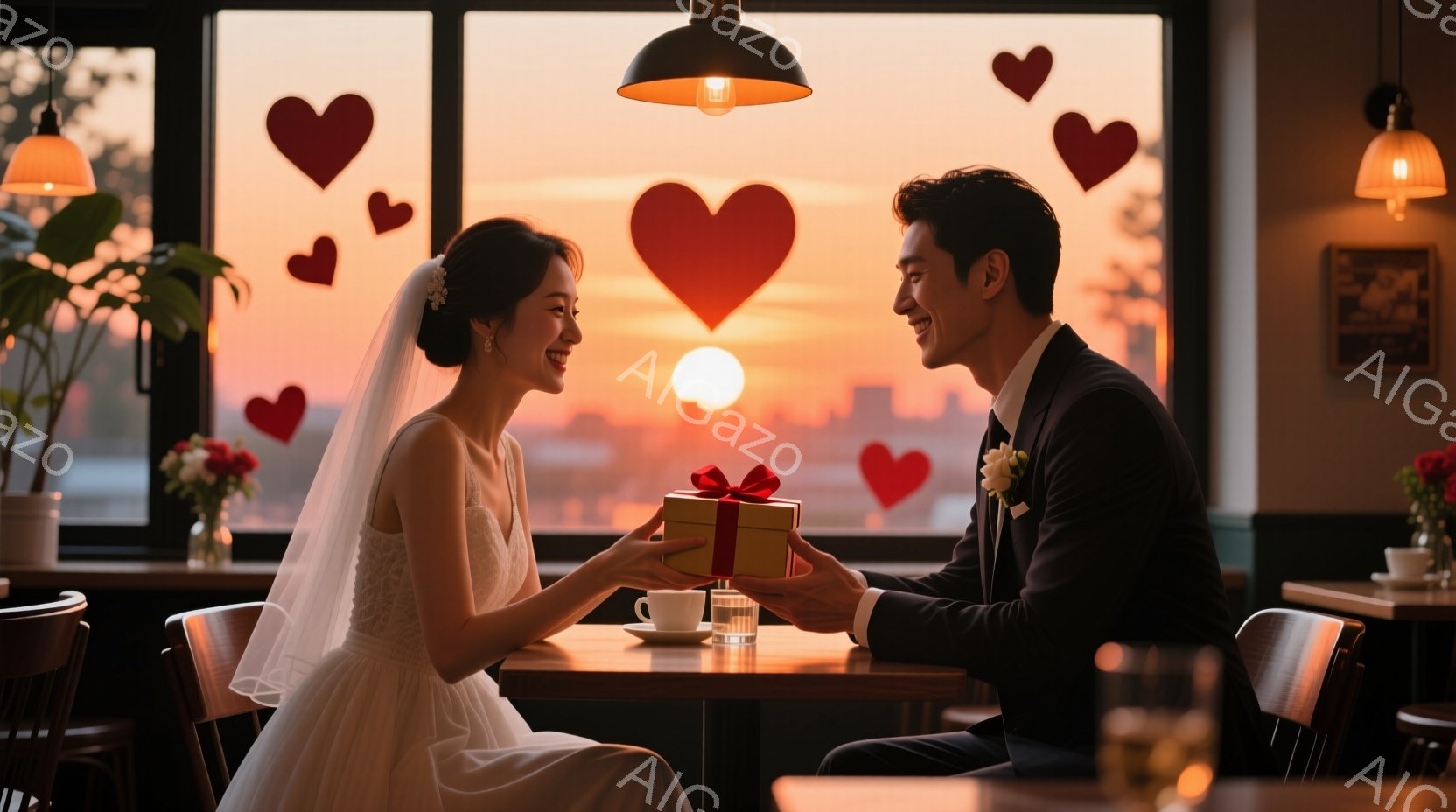 新婦は白いウェディングドレスとベールを身につけ、笑顔で花婿の差し出すプレゼントを受け取ろうとしています。花婿は黒いスーツとブートニアをつけ、優しい表情でプレゼントを差し出しています。背景には夕焼けの街並みが広がり、カフェの暖かい照明と相まって、ロマンチックで幸せな雰囲気が漂っています。