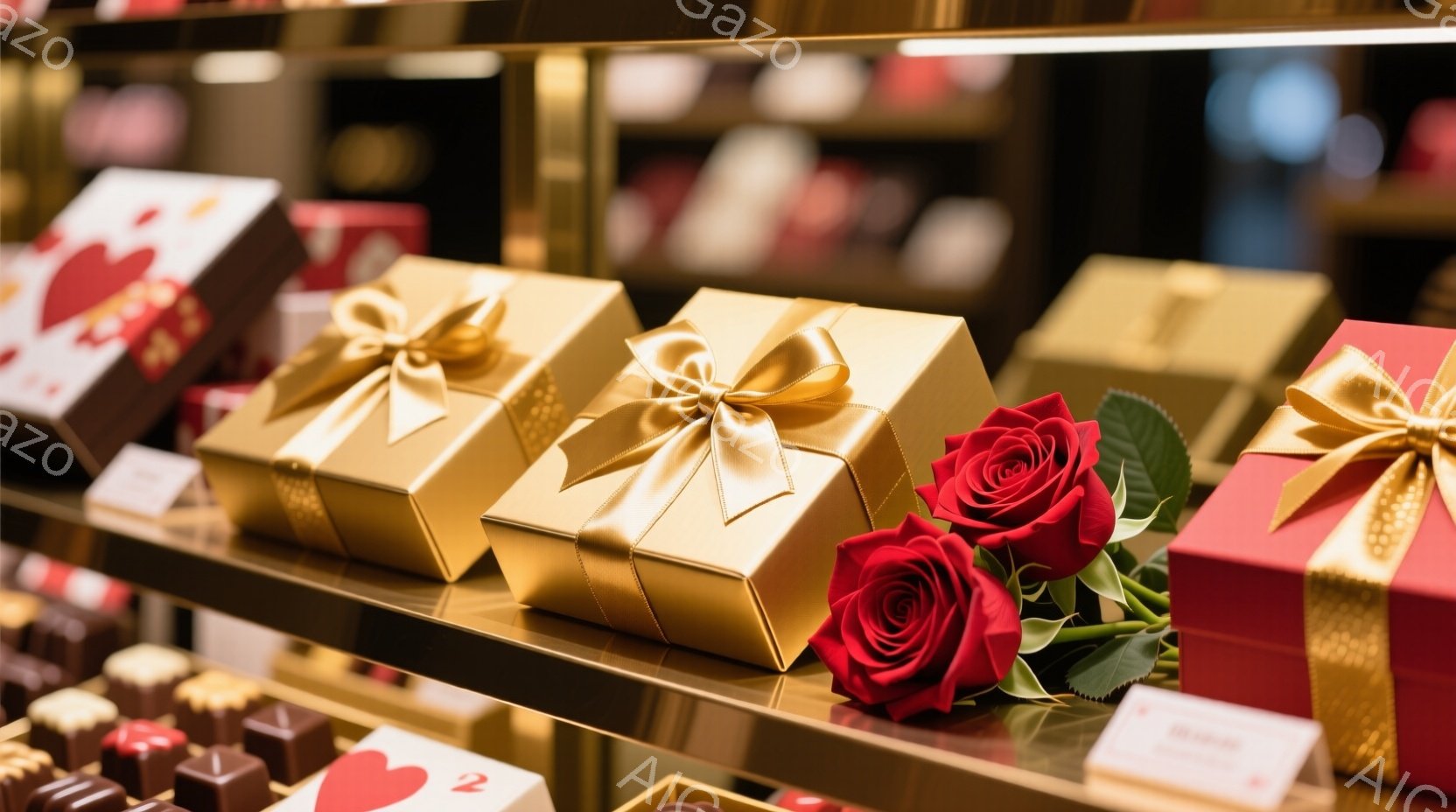 輝く金色のギフトボックスと赤いバラが棚に並べられています。ボックスには金色のリボンが結ばれており、高級感と祝祭的な雰囲気を醸し出しています。背景にはチョコレートの詰め合わせが見え、バレンタインデーや特 - AI生成フリー素材