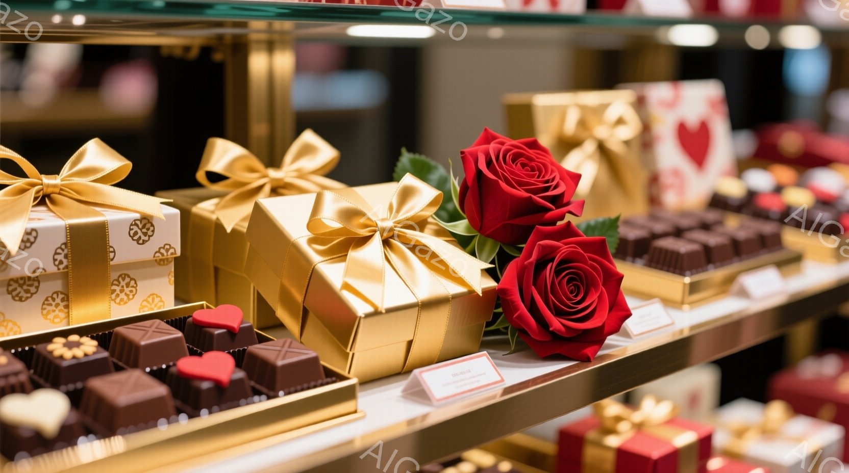 チョコレートが並んだ棚の上に、金色のリボンで飾られたギフトボックスと赤いバラが飾られています。チョコレートは四角形で、表面に模様が刻まれており、ハート型のデコレーションも添えられています。背景には他の - AI生成フリー素材