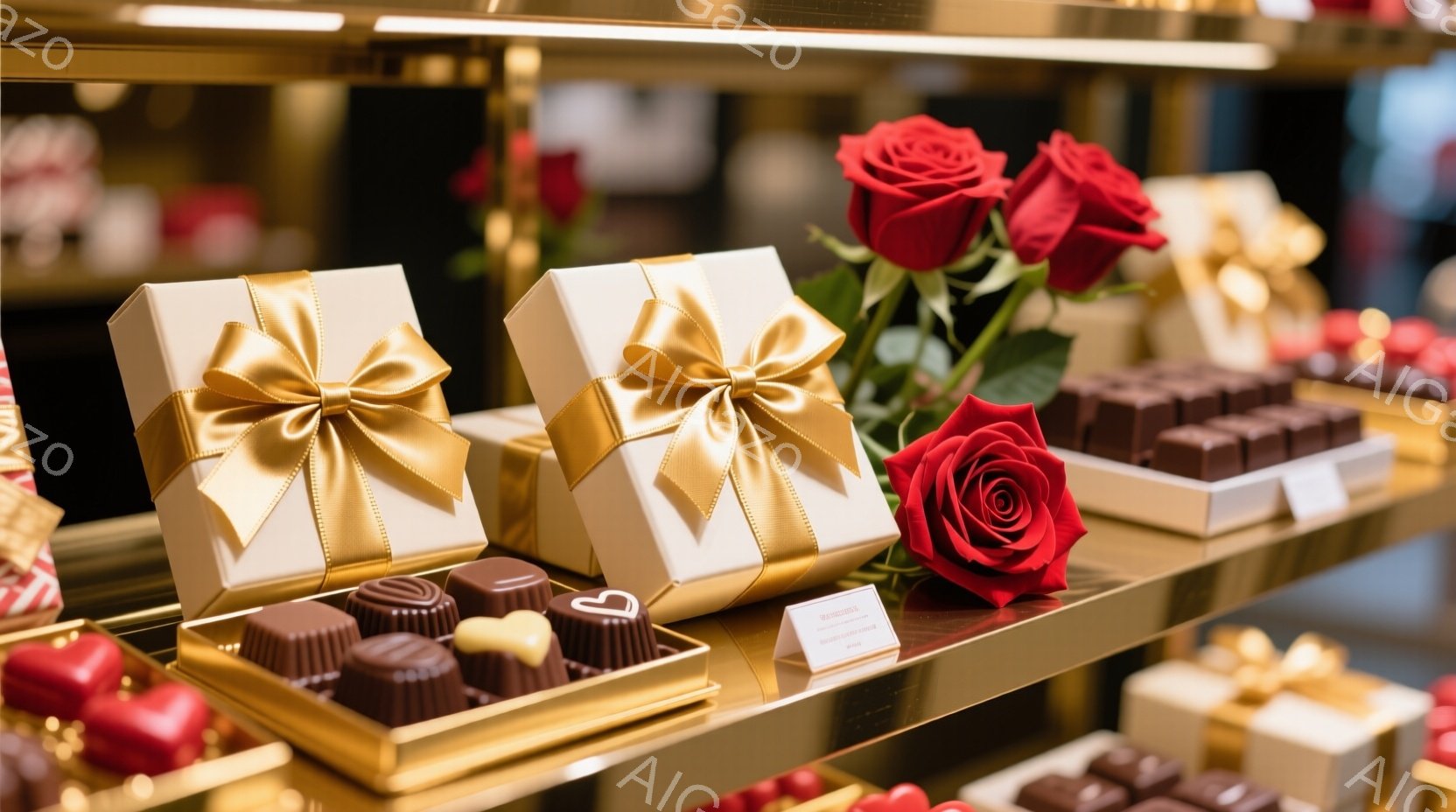 チョコレートが美しく陳列されたショーケースの写真です。白い箱には金色のリボンが結ばれ、バラの花が添えられています。背景には同じようなチョコレートの箱が並び、高級感とロマンチックな雰囲気を醸し出していま - AI生成フリー素材
