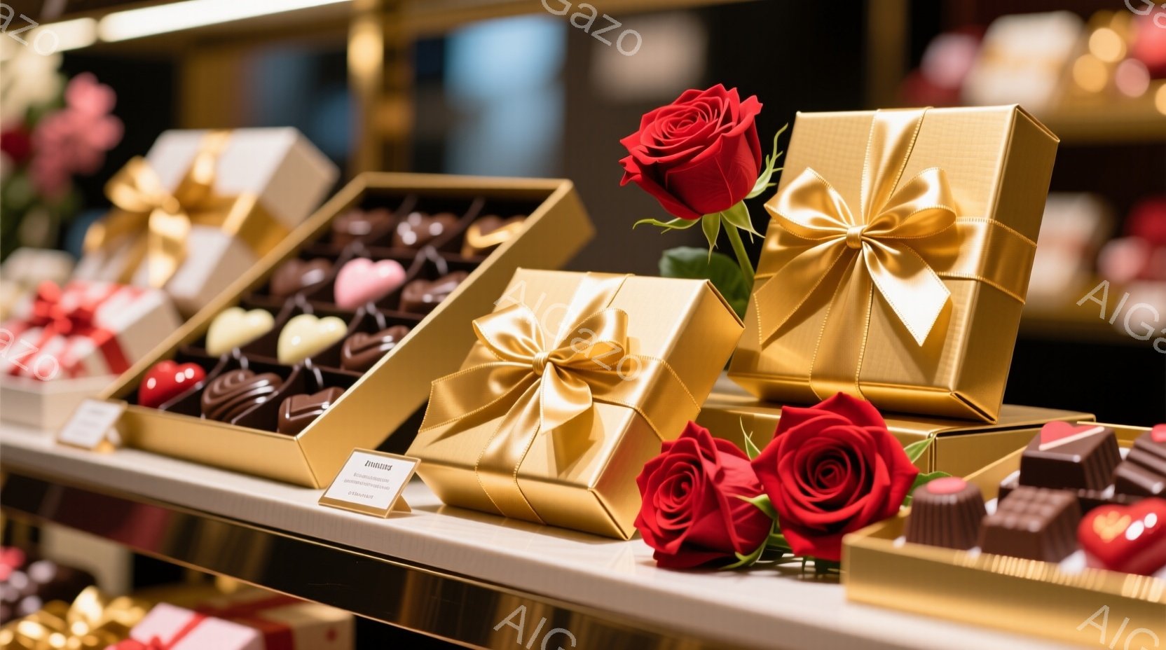チョコレートの詰め合わせがディスプレイされています。金色のギフトボックスと赤いバラが飾られ、高級感とロマンチックな雰囲気を醸し出しています。背景には他のチョコレートが見え、全体的に華やかで特別な日の贈り物にふさわしい様子です。