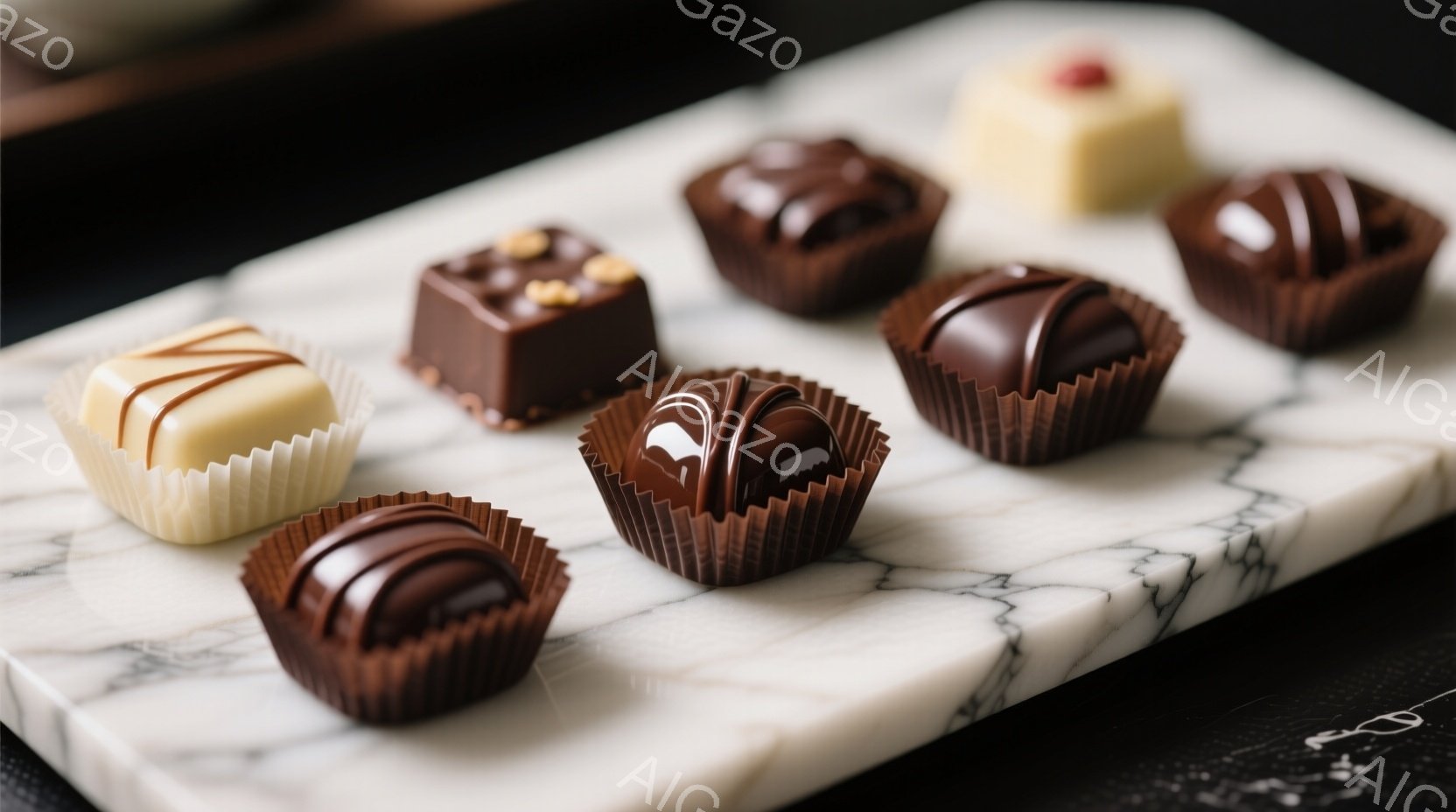 白大理石の台の上に、様々なチョコレートが並べられています。チョコレートはそれぞれ異なる形と装飾が施されており、一部は茶色の紙製のカップに入っています。背景は暗く、チョコレートの美しい色合いと質感が際立っています。