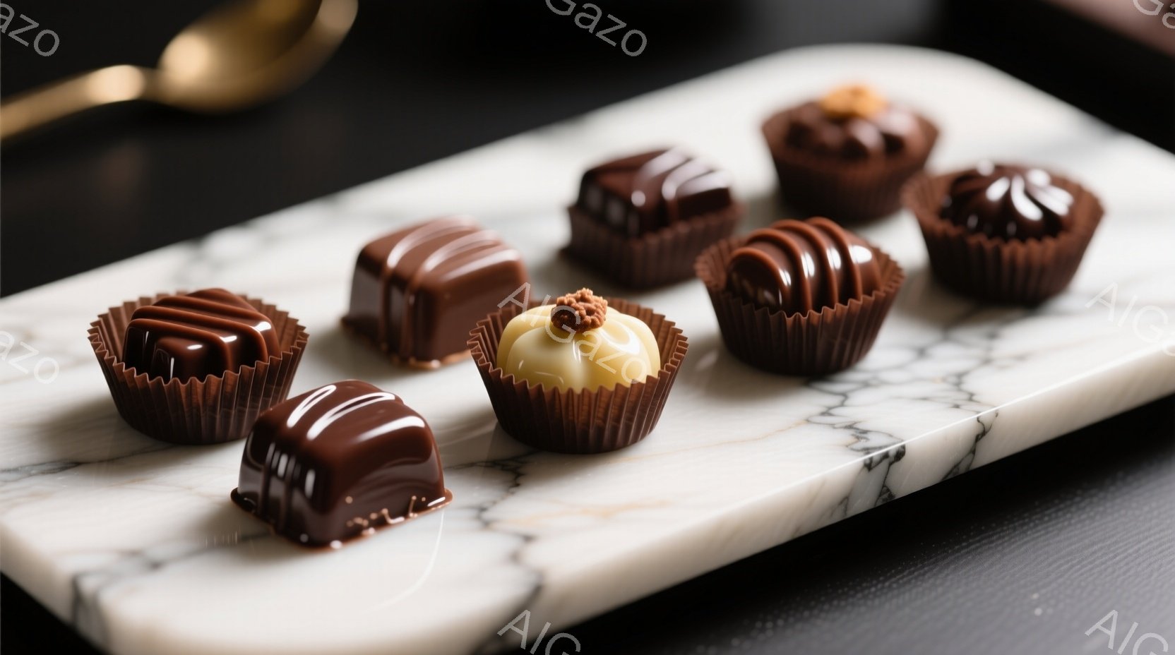 白大理石のプレートの上に、様々なチョコレートが並べられています。チョコレートはそれぞれ異なる形と装飾が施され、茶色と白の色合いが目を引きます。背景は暗く、チョコレートがより際立って見えるように工夫されています。