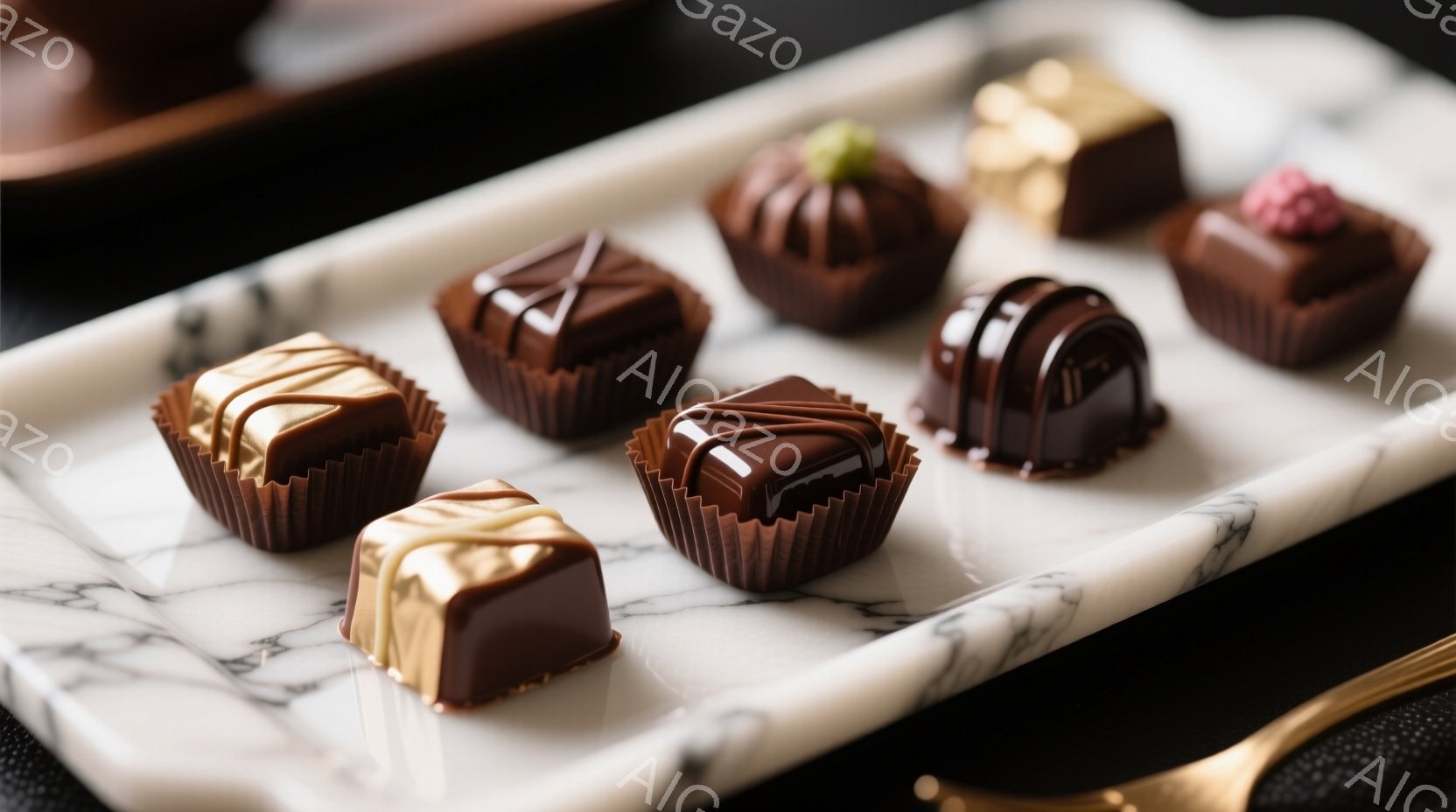白い大理石模様の長方形の皿に、様々なチョコレートが美しく並べられています。チョコレートは、金色の包装紙で飾られたもの、カカオパウダーで覆われたもの、ベリーが飾られたものなど、形やデザインが異なり、高級感と美味しさを感じさせます。暗い背景とチョコレートのコントラストが、より一層チョコレートの魅力を引き立てています。