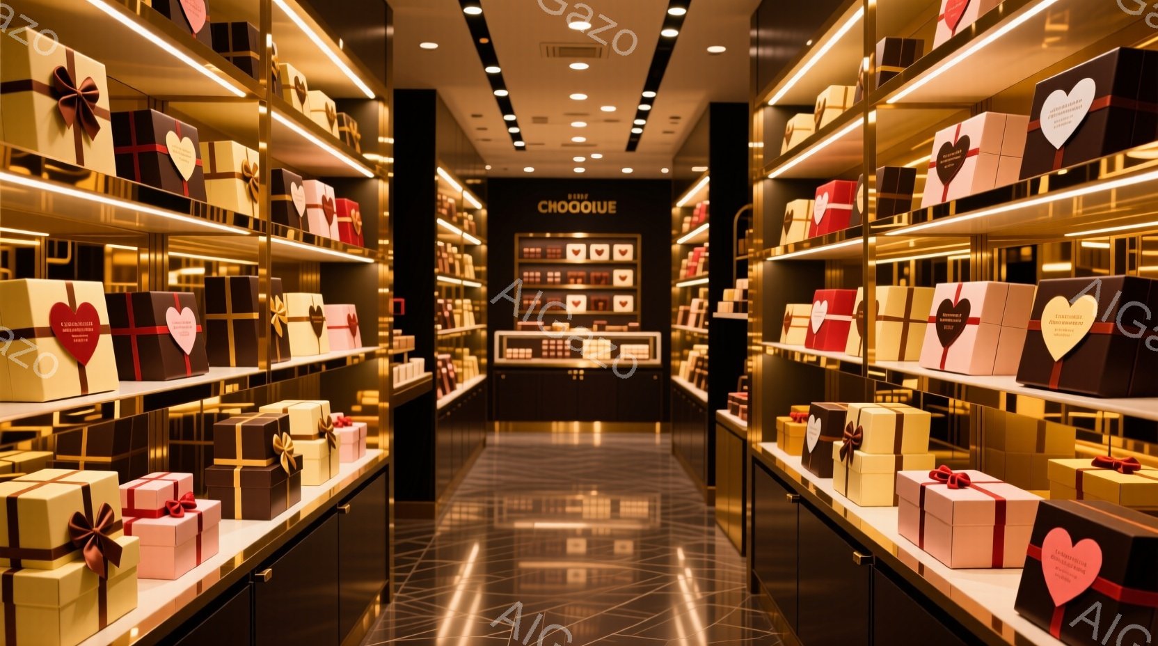 チョコレートのギフトボックスが壁一面に並んだ、高級感あふれるチョコレートショップの内部です。床は幾何学模様のタイルで覆われ、奥にはブランドロゴ「CHOCOLAT」と商品が陳列された棚が見えます。全体的に暖色系の照明が使われ、優雅で洗練された雰囲気を醸し出しています。