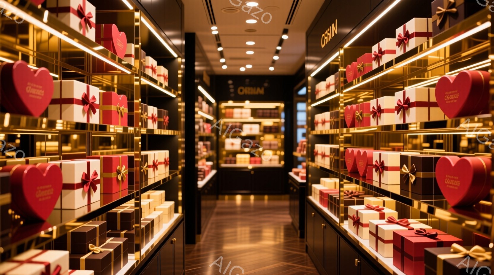 豪華なチョコレート専門店内部の様子が写っている。左右に整然と並んだ、赤と茶色のリボンで飾られた高級感のある箱が印象的で、奥には店名が書かれた看板が見える。店内は明るく、洗練された雰囲気で、特別な日のギフト選びにぴったりな空間である。