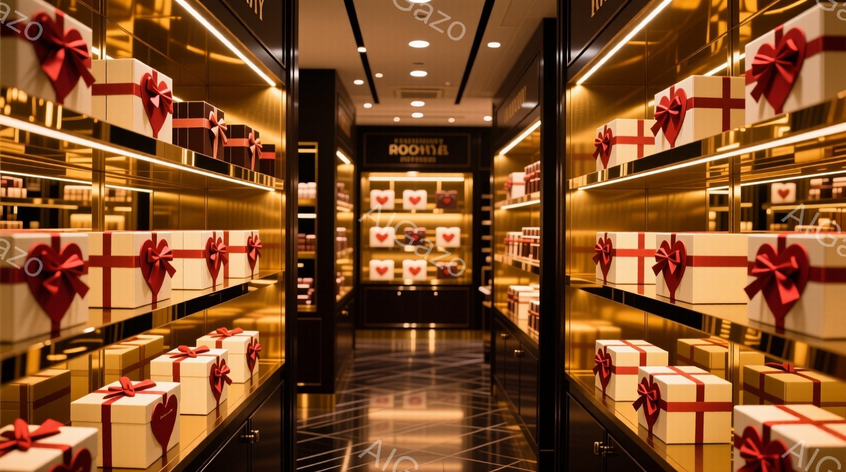 無数の金色のギフトボックスが並んだ通路の内部を示しています。各ボックスは赤いリボンで結ばれており、鏡張りの壁によって無限の奥行きが強調されています。通路の奥には、微かに光る光が視覚的な奥行きを深め、華やかで夢幻的な雰囲気を醸し出しています。