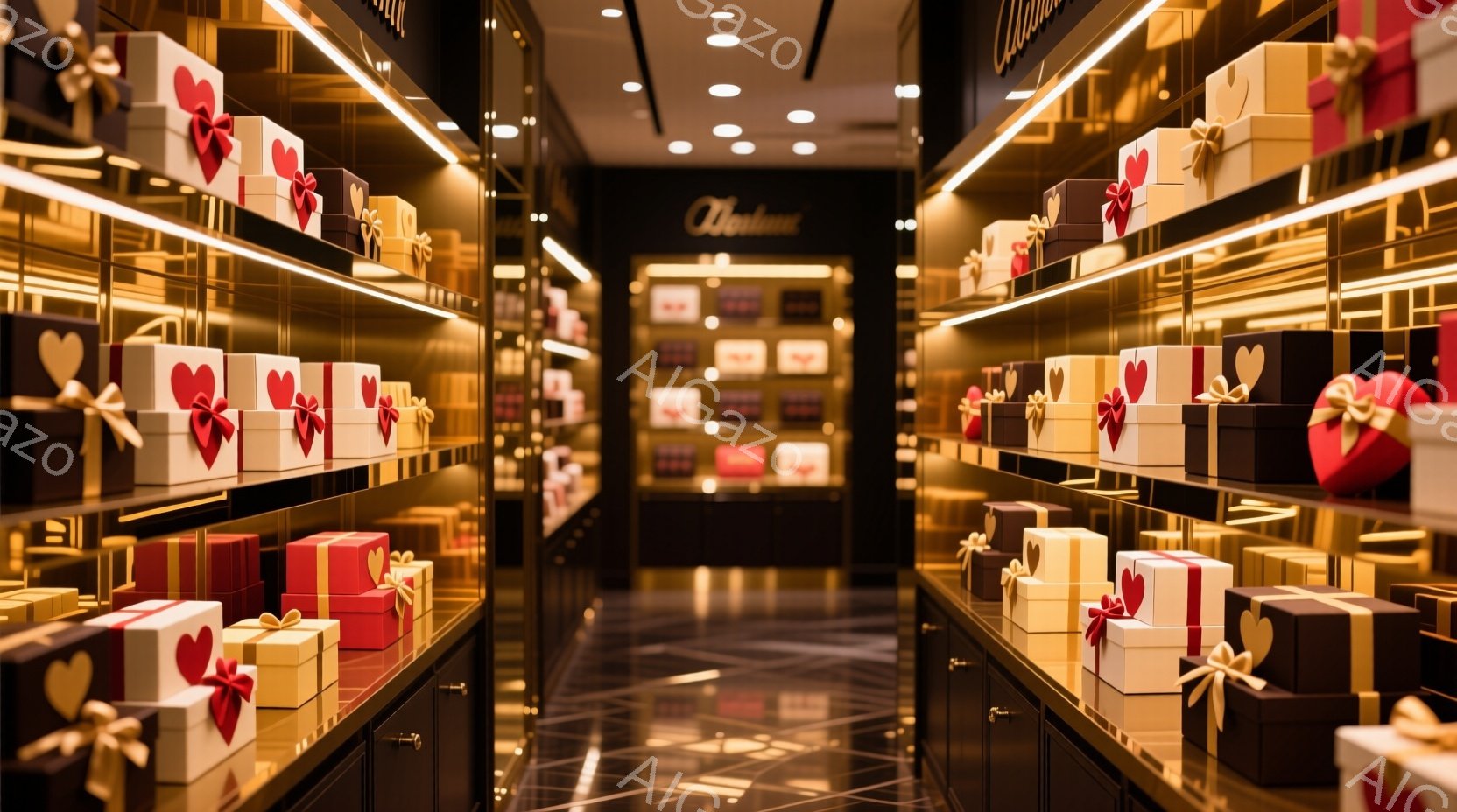 チョコレート店の通路を正面から捉えたもので、左右に整然と並べられたギフトボックスが特徴的です。ボックスは赤とゴールドの色合いで、それぞれに赤いリボンが結ばれており、豪華で洗練された雰囲気を醸し出してい - AI生成フリー素材