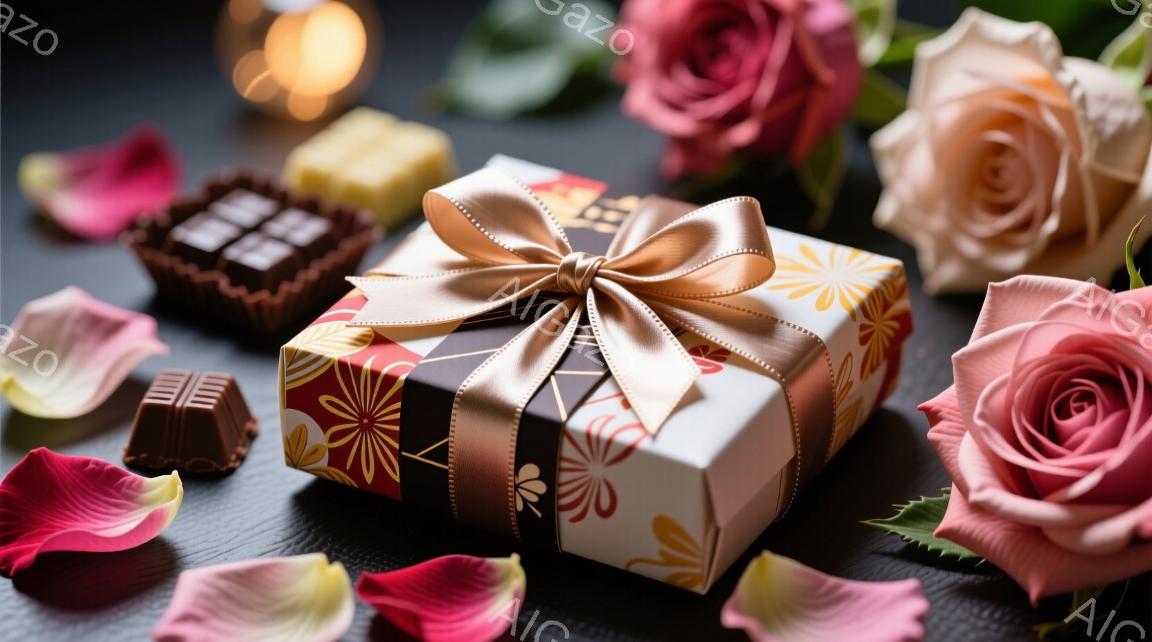 贈り物のお箱が、ピンクとクリーム色のバラとチョコレートに囲まれて配置されています。箱は赤と白の模様で、金色のリボンで飾られています。背景は暗い木目調で、ロマンチックで優雅な雰囲気を醸し出しています。