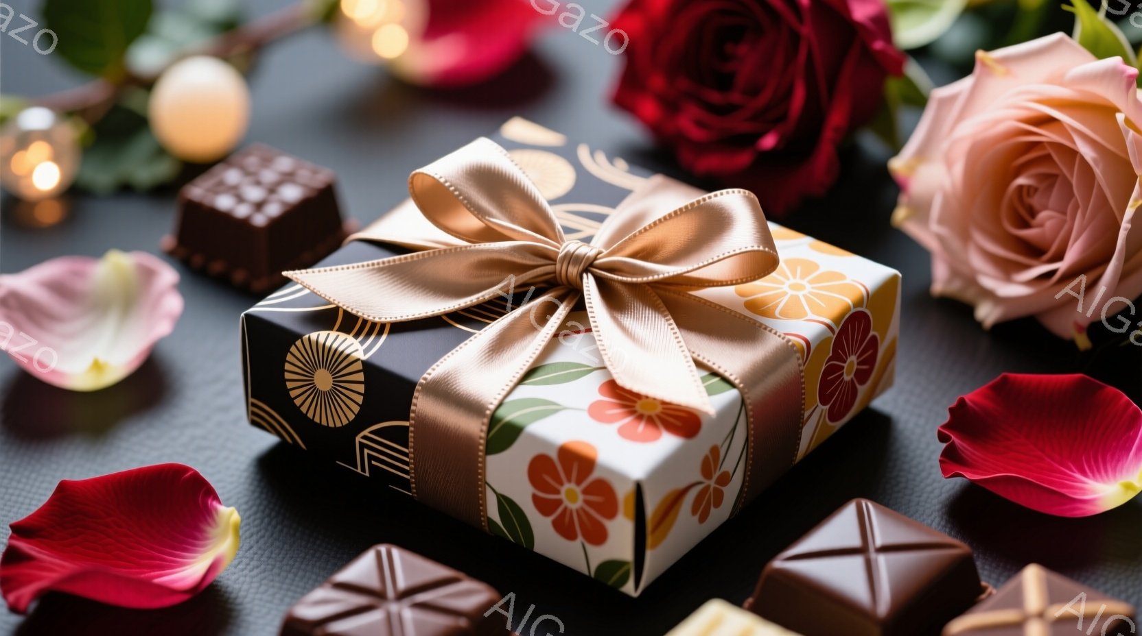 黒い背景に、花柄の包装紙で包まれたギフトボックスが置かれています。鮮やかな赤いバラ、淡いピンクのバラ、そしてチョコレートが周囲に散りばめられ、ロマンチックな雰囲気を醸し出しています。背景にはぼんやりと - AI生成フリー素材
