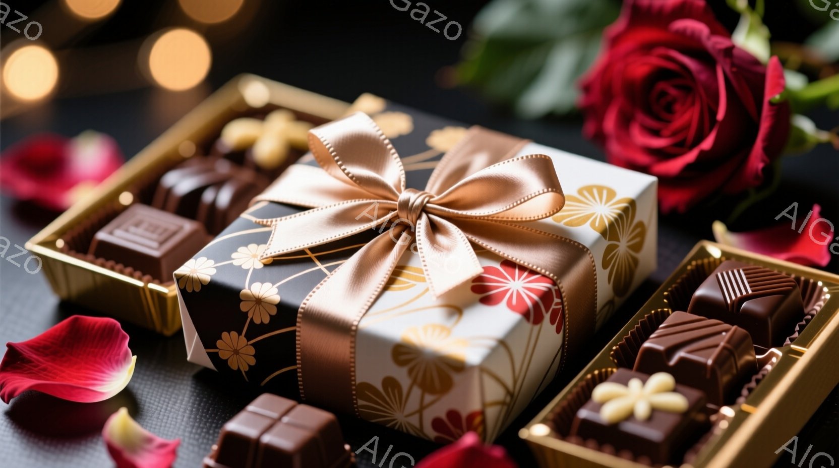 チョコレートの詰め合わせと、贈り物にラッピングされた箱が写っています。箱は白地に花柄が描かれ、茶色のリボンで上品に結ばれています。背景には、赤いバラの花びらが散りばめられており、全体的にロマンチックで華やかな雰囲気を醸し出しています。
