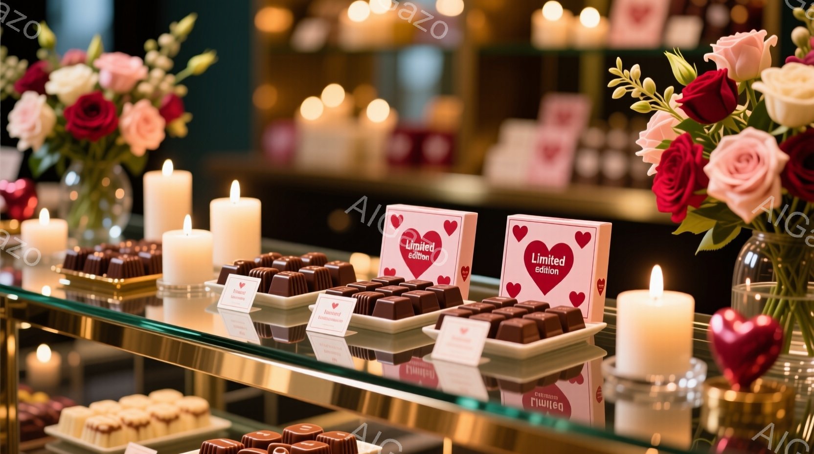 チョコレートとキャンドルが並んだ、豪華なデザートのディスプレイです。光沢のある木製の表面に反射した光が、暖かくロマンチックな雰囲気を醸し出しています。背景には、ぼやけた花や装飾がいくつか見え、全体的に特別な日のための洗練された設定を示唆しています。