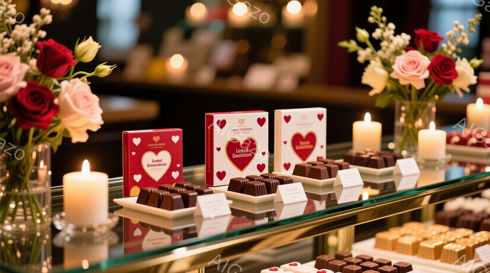 鮮やかな赤いバラとチョコレートが並べられた、高級感あふれる写真です。チョコレートは様々な種類が宝石のように整然と並べられ、反射するガラスのテーブルに美しく映り込んでいます。背景はぼかされており、洗練さ - AI生成フリー素材