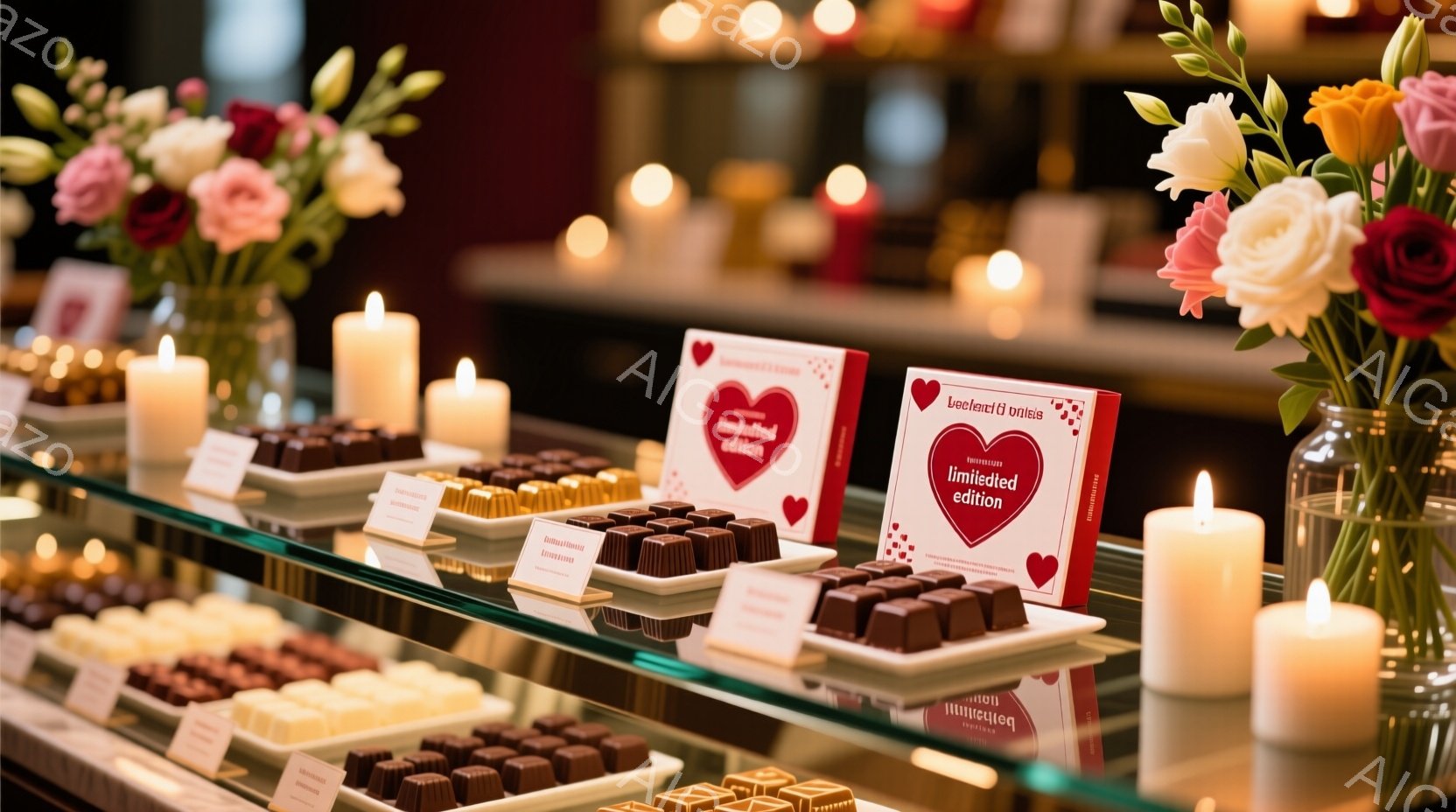 ショーケースの中には、様々な種類のチョコレートが美しく並べられています。赤いハート型のカードが添えられたチョコレートもあり、特別な限定版であることを示しています。背景には白いキャンドルと、ピンクと赤の花束が飾られており、ロマンチックで上品な雰囲気を醸し出しています。