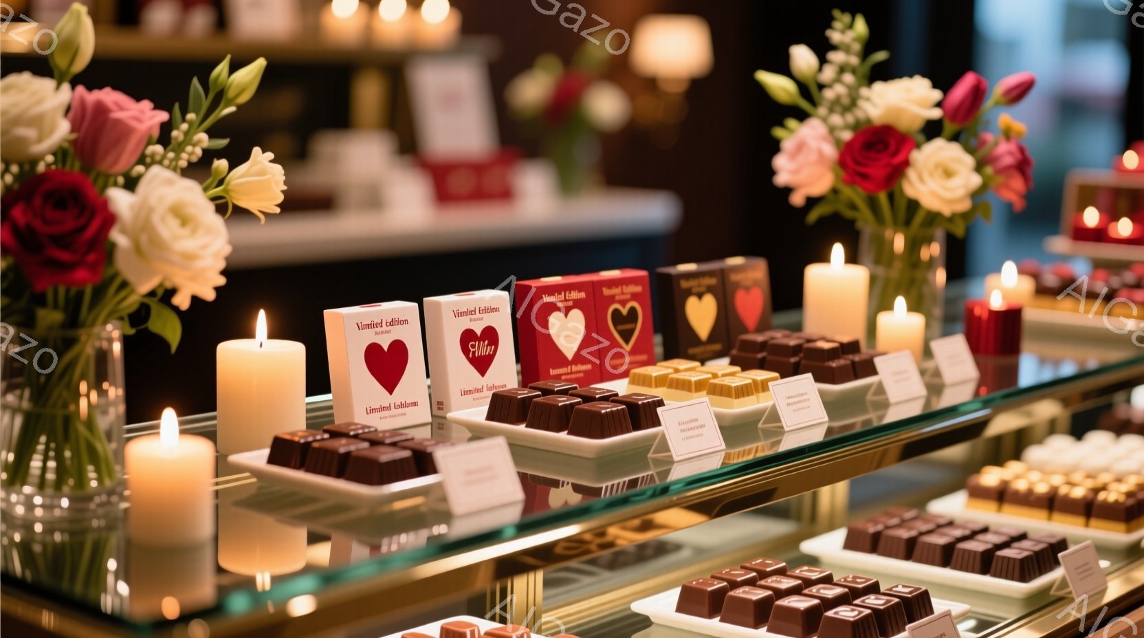 チョコレートの宝石箱のような光景です。赤いハートの装飾がされた箱と、様々な種類のチョコレートが美しく並べられ、背景には温かい光を放つキャンドルが置かれています。ロマンチックで贅沢な雰囲気が漂い、バレン - AI生成フリー素材