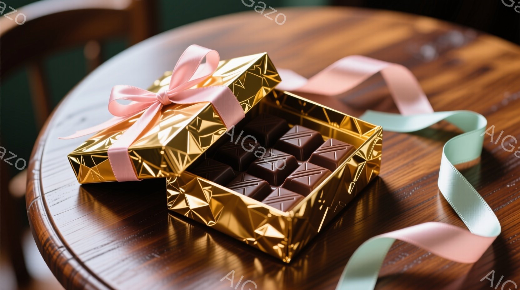 磨かれた濃い茶色の木製のテーブルの上に、金色の包装紙で包まれたチョコレートの箱が開いています。箱の中には、四角いチョコレートが整然と並べられており、ピンクと水色のリボンが優雅に絡み合っています。暖かく、甘い雰囲気が漂い、特別な日のプレゼントやデザートとして楽しむのにふさわしい様子が伝わってきます。