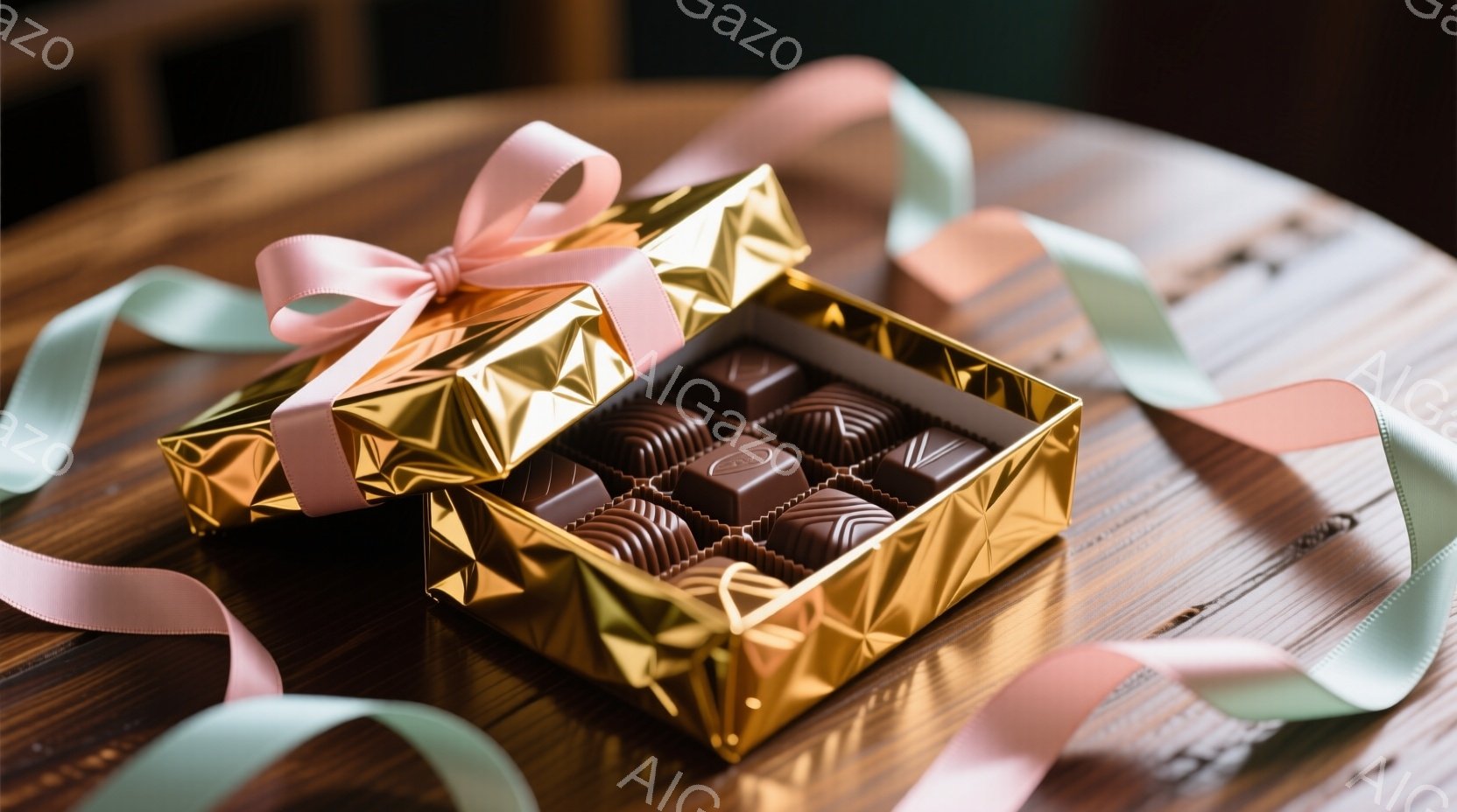 金色のラッピングペーパーとピンクのリボンで飾られたチョコレートの箱が、木製のテーブルの上に置かれています。箱の中には、様々な形のチョコレートが整然と並べられており、美味しそうな光沢を放っています。背景は少し暗く、チョコレートの魅力が際立っています。