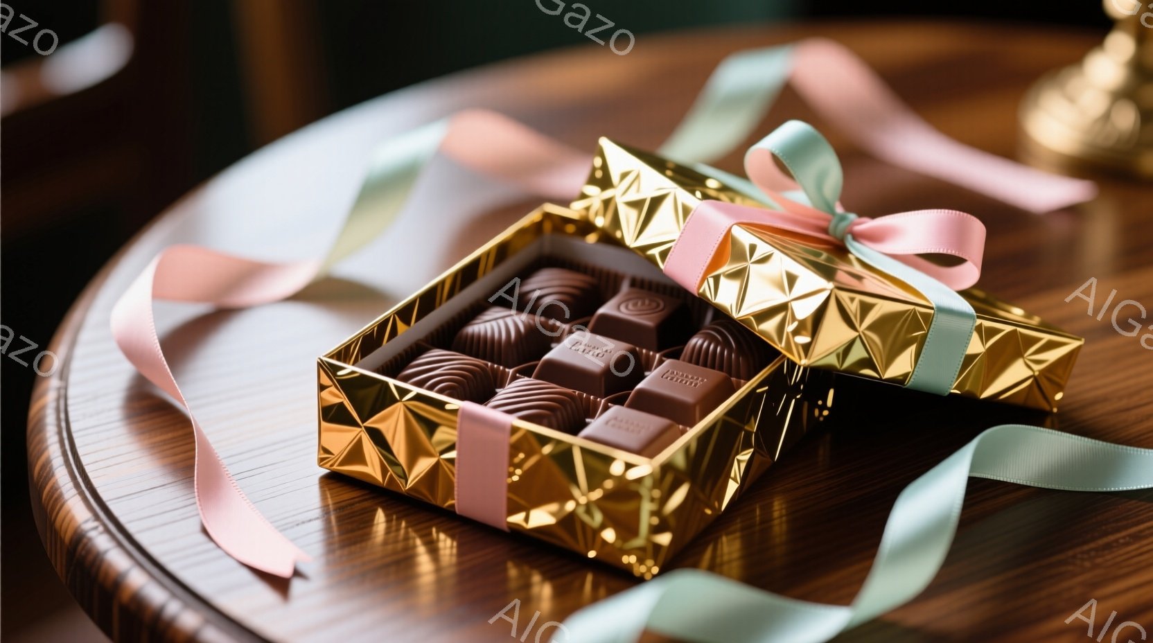 光沢のある金色の箱の中に、様々な種類のチョコレートが整然と並べられています。箱は薄いピンクと水色のリボンで飾られ、チョコレートの上部には「GODIVA」のロゴが刻印されています。背景には、木目の美しいテーブルと、ぼんやりと見える金色の装飾が見え、上品で洗練された雰囲気を醸し出しています。