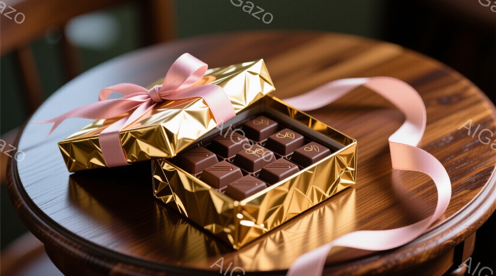 チョコレートが整然と並んだ金色の箱が、ピンクのリボンで飾られ、木製のテーブルの上に置かれています。テーブルは丸みを帯びており、深みのある木目が特徴的です。背景はぼやけていますが、暖色系の内装といくつかの家具が見て取れ、落ち着いた雰囲気です。