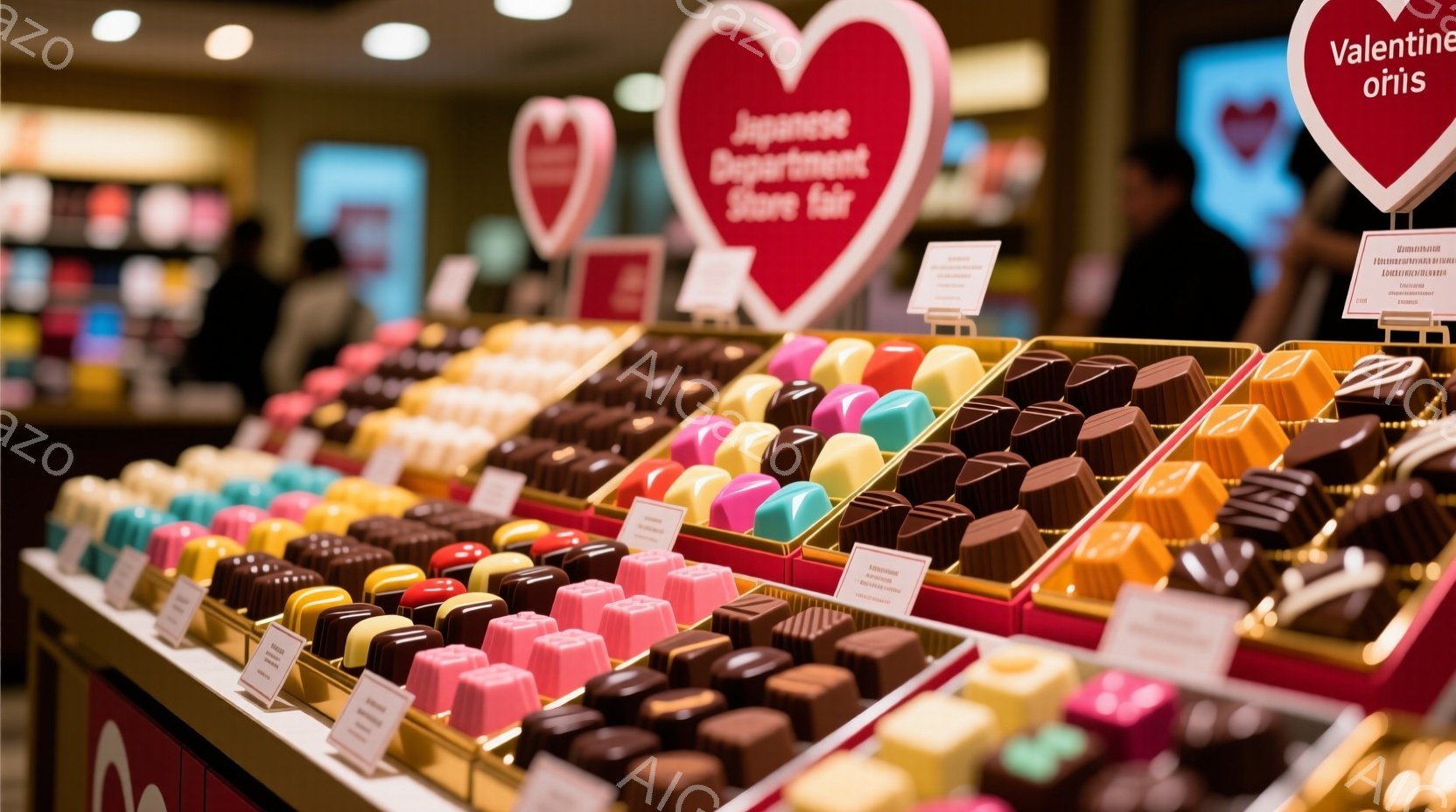 カラフルなチョコレートが整然と並べられたショーケースが印象的な画像です。ピンク、白、茶色、緑など様々な色のチョコレートが、まるで宝石のように輝いています。背景にはバレンタインデーを告げる赤いハートの装飾と、ぼんやりとショーケースの奥に人が見えます。