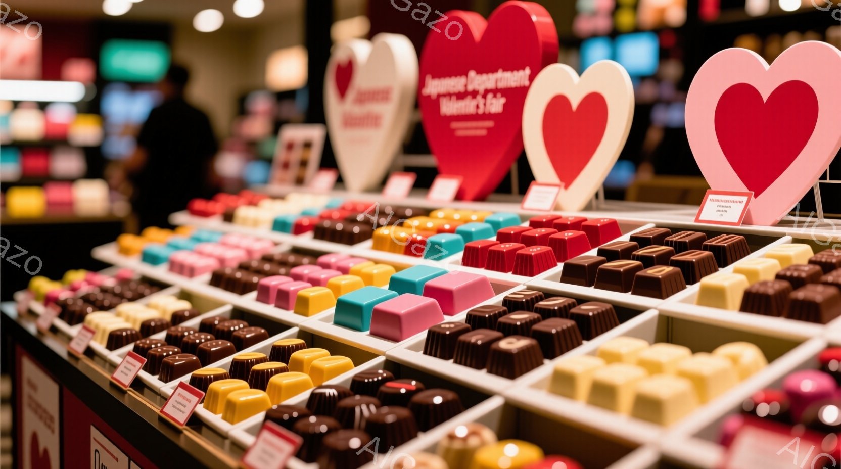 カラフルなチョコレートが整然と並べられたショーケースが写っています。背景には「Valentine's Fair」と書かれた赤いハート型の装飾がいくつかあり、薄暗い店内の様子が伺えます。ショーケースの奥には、ぼんやりとした人影が見え、バレンタインデーのイベントが行われている雰囲気が漂っています。
