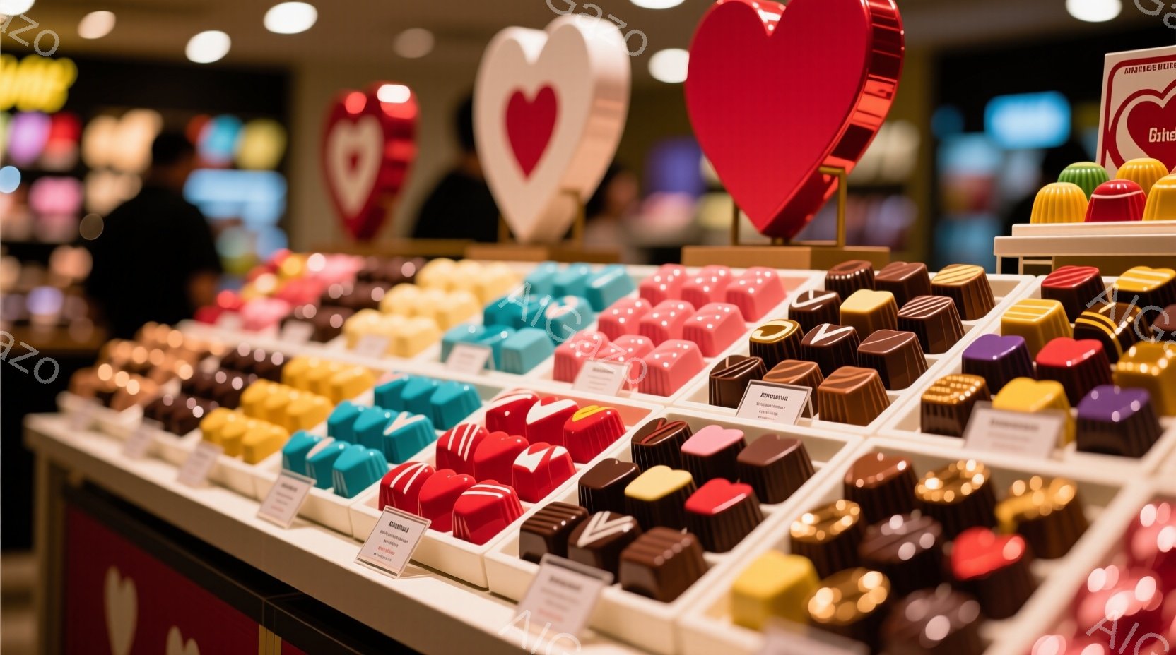 チョコレートの宝石箱のような光景で、様々な色と形のチョコレートが整然と並べられています。背景には赤いハート型の装飾があり、ショーケースの光がチョコレートの滑らかな質感を際立たせています。全体的に、バレンタインデーや特別な機会を連想させる、甘くてロマンチックな雰囲気が漂っています。