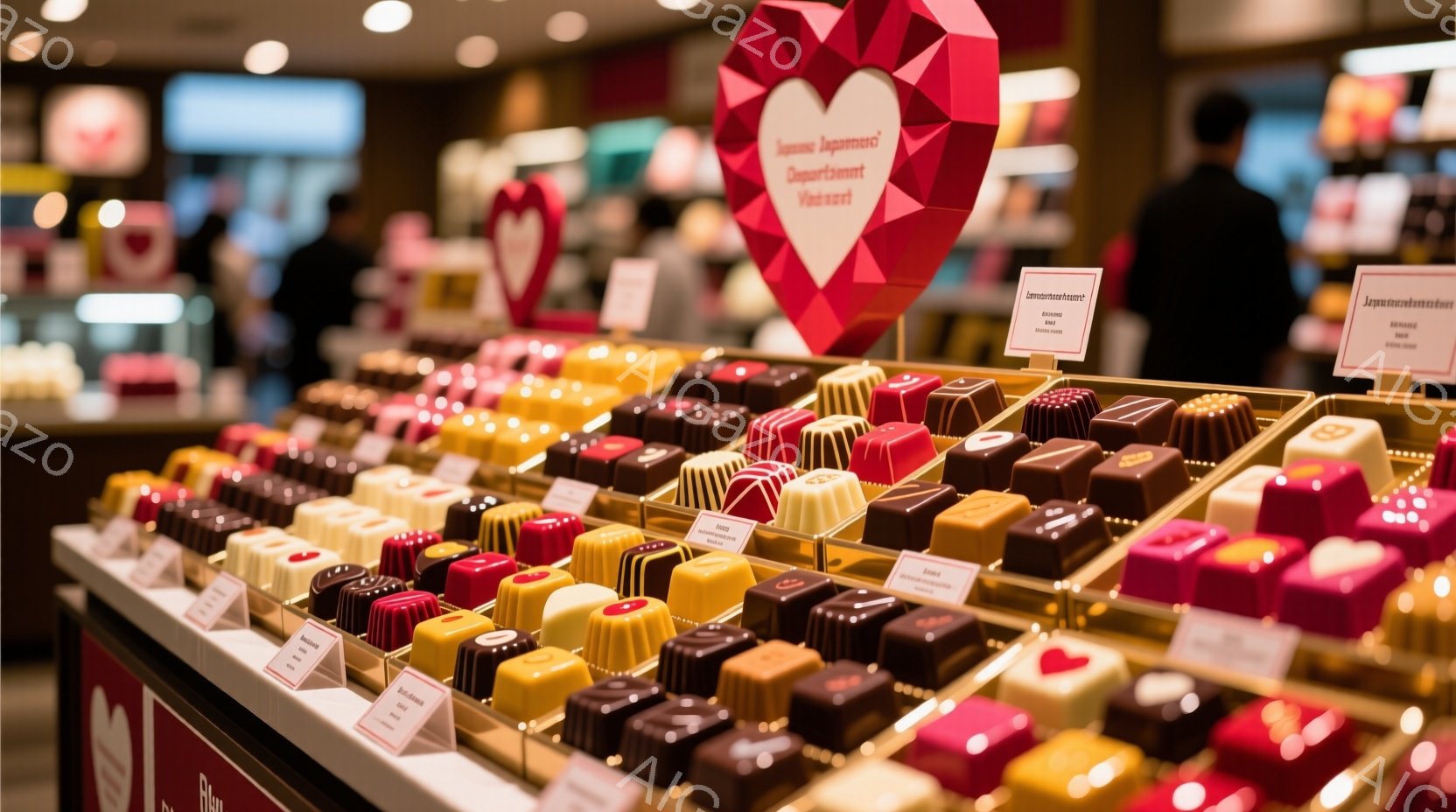 ショーケースには、様々な色と形のチョコレートが整然と並べられています。背景にはぼんやりと人影が見え、赤いハート型の装飾が印象的です。全体的に、高級感があり、甘くて魅力的な雰囲気が漂っています。