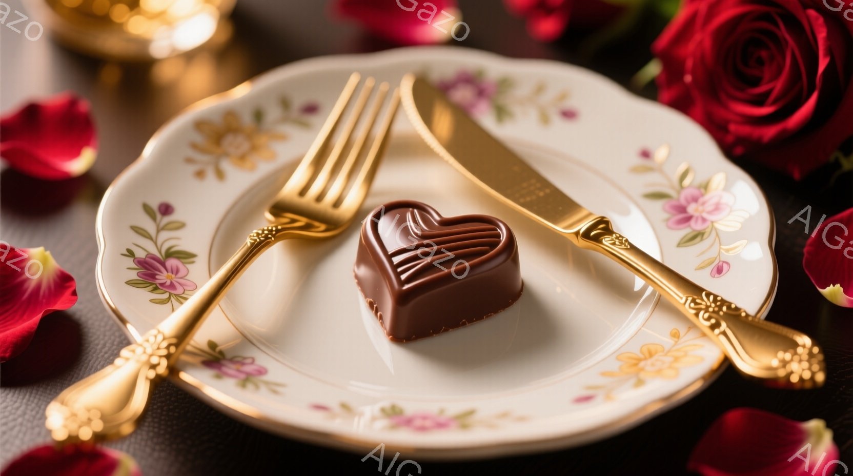 白い皿の上に、金色のフォークとナイフが置かれ、その中央にチョコレートのハート型の菓子が飾られています。皿の縁には繊細な花模様が描かれており、背景には赤いバラの花びらが散りばめられています。暖かくロマンチックな雰囲気で、特別な日のディナーやバレンタインデーを連想させます。