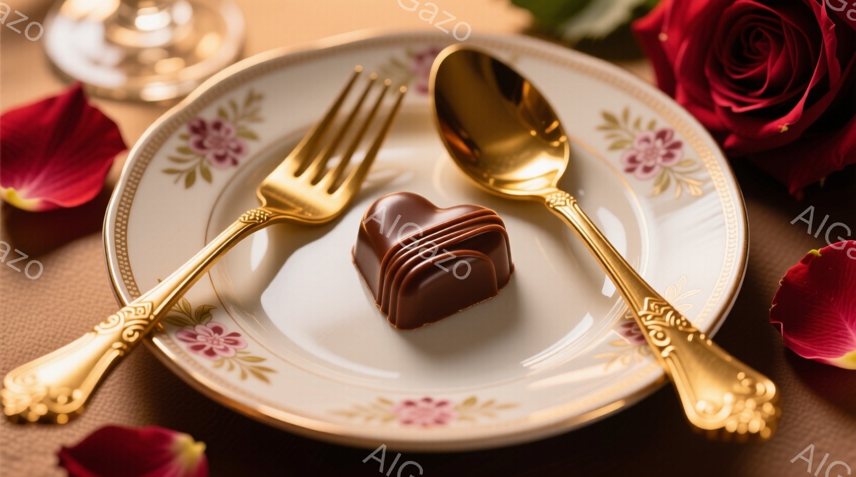 白い皿の上に金色のフォークとスプーンがクロスして置かれ、中央には茶色のハート型のチョコレートが置かれています。皿の縁には赤いバラの花びらが散りばめられ、背景は茶色の布で覆われています。ロマンチックで甘い雰囲気を醸し出しており、バレンタインデーや特別な日のディナーを連想させます。