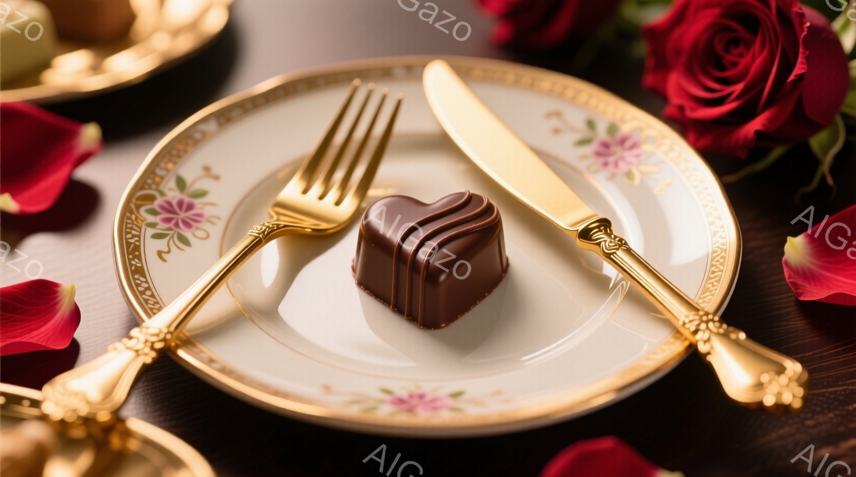 白地にピンクの花模様が描かれた金縁の皿の上に、フォークとナイフが置かれ、チョコレートのトリュフが添えられています。背景には赤いバラの花びらが散りばめられ、皿の奥には金色の縁取りの皿がぼんやりと見えます。ロマンチックで優雅な雰囲気があり、特別な日のディナーやデザートを連想させます。